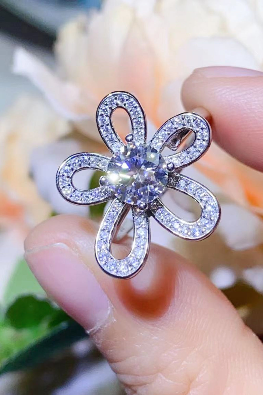 1 Carat Brilliant Round Cut Sparkala™ Flower-Shaped Open 925 sterling silver Ring by Sparkala