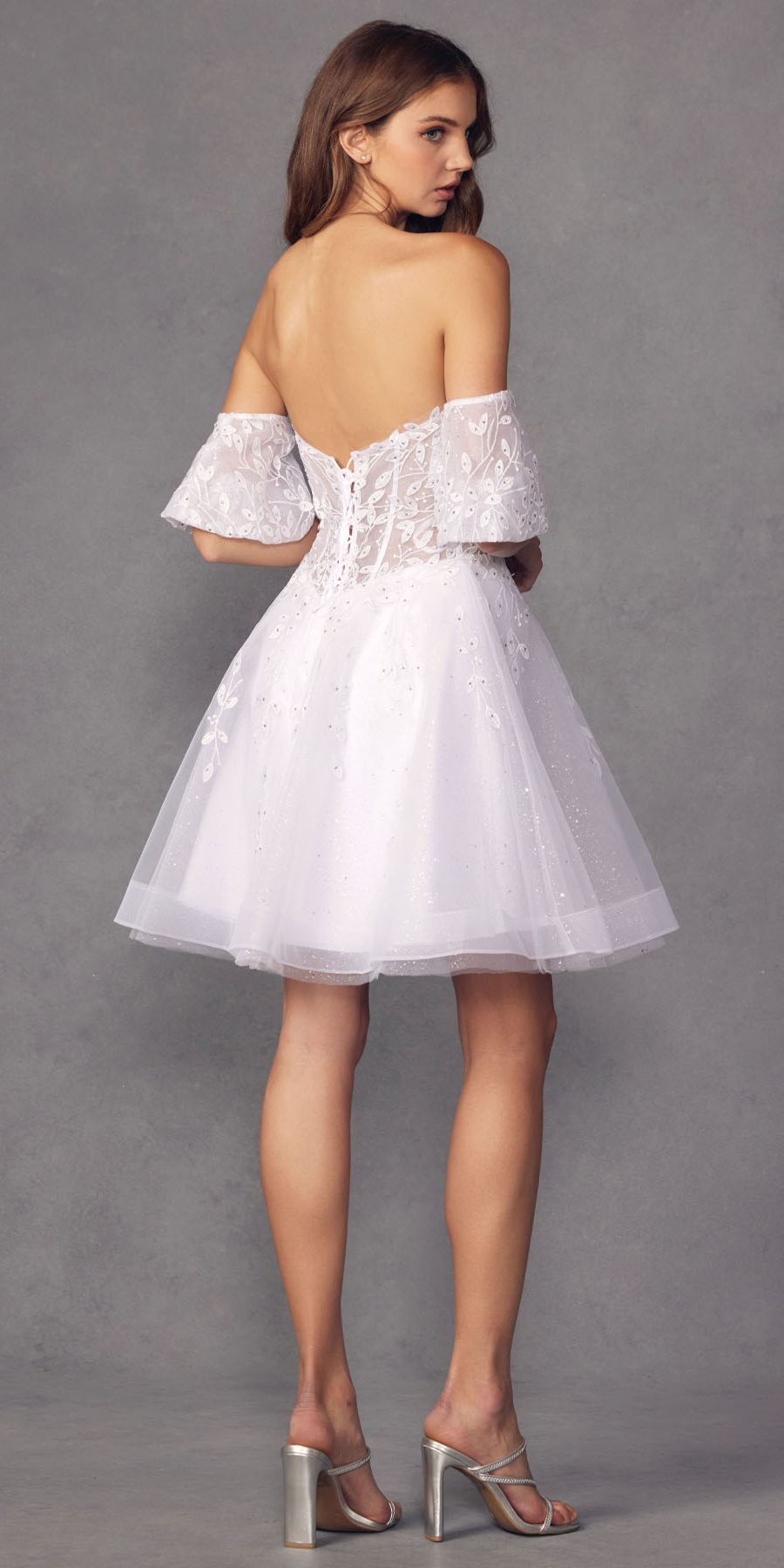 Juliet 909 Short A-Line Glitter Print Dress Removable Short Puff Sleeves by DiscountDressShop