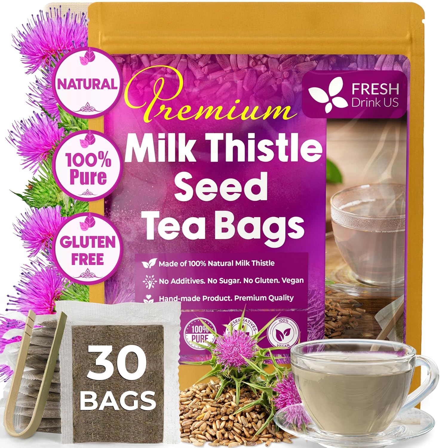 Premium Milk Thistle Tea Bags, 100% Natural & Pure from Milk Thistle Seeds. Milk Thistle Seed Herbal Tea. Milk Thistle Seed Tea. Made with Natural Material Tea Bags. No Sugar, No Caffeine, No Gluten, Vegan. by FreshDrinkUS - Natural and Premium Herbal Tea
