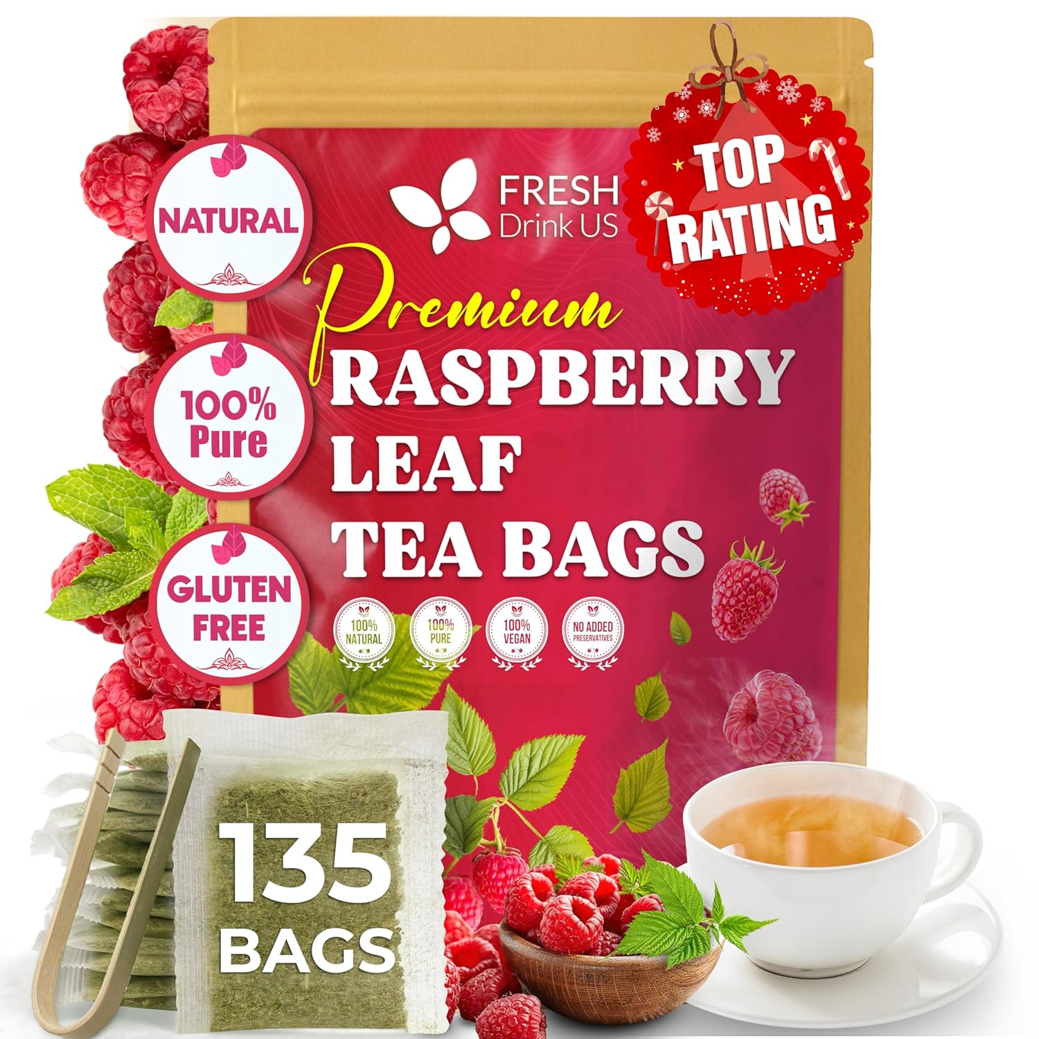 Raspberry Leaf Tea Bags, 100% Natural & Pure from Raspberry Leaves. Loose Leaf Raspberry Herbal Tea, Made with Natural Material Tea Bags, Raspberry Leaf Tea. No Sugar, No Caffeine, No Gluten, Vegan. by FreshDrinkUS - Natural and Premium Herbal Tea