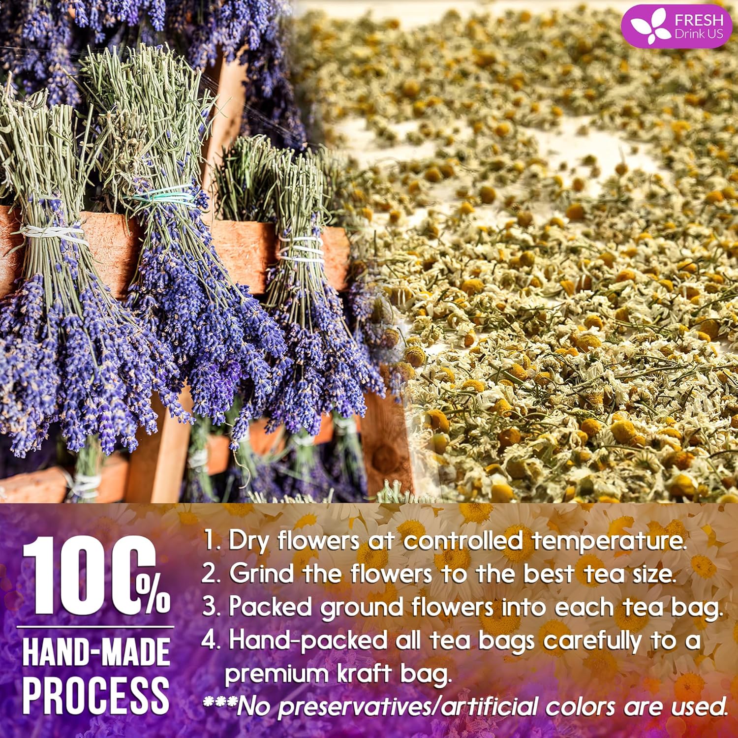 Premium Chamomile Lavender Tea Bags, Eco-conscious Tea Bags. No Sugar, No Caffeine, No Gluten, Vegan. by FreshDrinkUS - Natural and Premium Herbal Tea