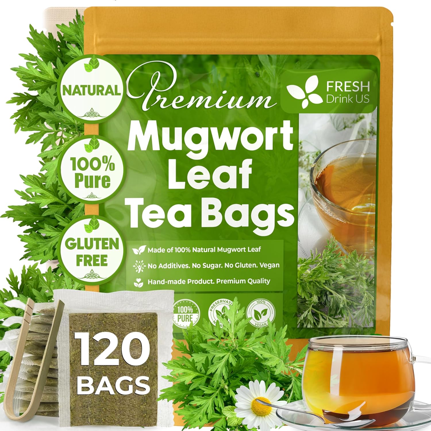 Mugwort Leaf Tea Bags, 100% Natural and Pure Mugwort Leaves, Loose Leaf Mugwort Herbal Tea, Mugwort Leaf Tea, No Sugar, No Caffeine, No Gluten, Vegan. by FreshDrinkUS - Natural and Premium Herbal Tea