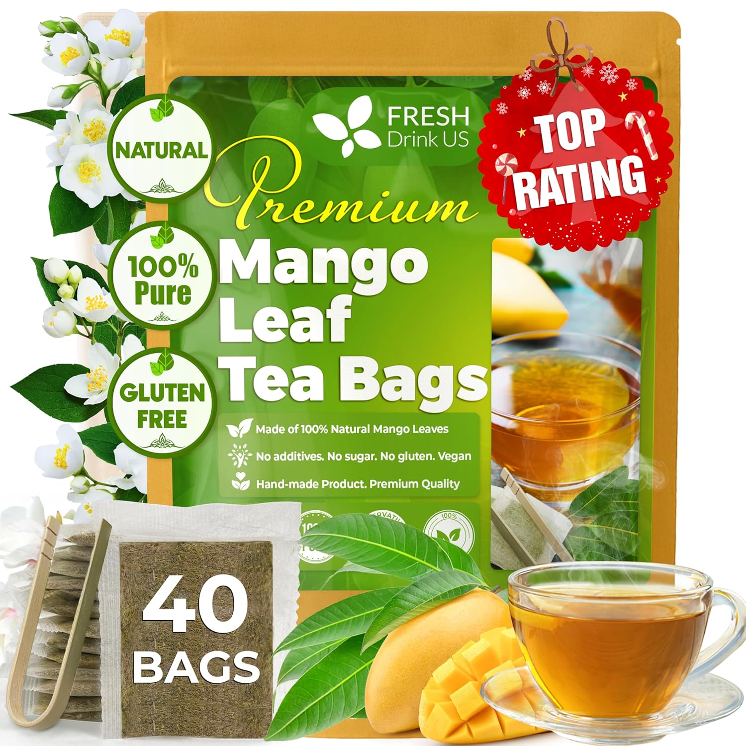 Mango Leaf, Whole Dried Leaves, Tea Bags, Powder, 100% Natural & Pure from Mango Leaves. Mango Dried Leaves. Loose Leaf Mango Herbal Tea. Mango Leaf Tea. No Sugar, No Caffeine, No Gluten, Vegan. by FreshDrinkUS - Natural and Premium Herbal Tea