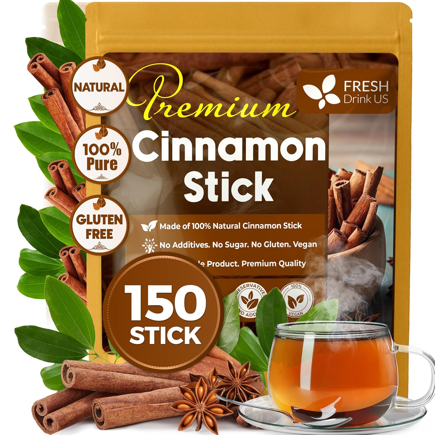 Cinnamon Sticks, Whole Sticks, 100% Natural & Pure Cinnamon Inner Bark, Raw Cinnamon Spice Flavor & Strong Aroma, Cinnamon Spice Herbal Tea, Perfect for Warm Beverages, No Additives, Vegan by FreshDrinkUS - Natural and Premium Herbal Tea