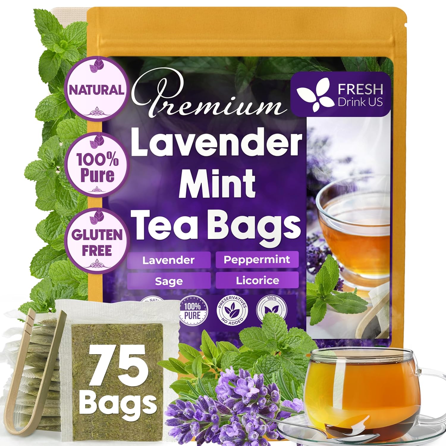 Premium Lavender Mint Tea Bags. 100% Natural, Blend of Lavender, Peppermint, Sage and Licorice. by FreshDrinkUS - Natural and Premium Herbal Tea