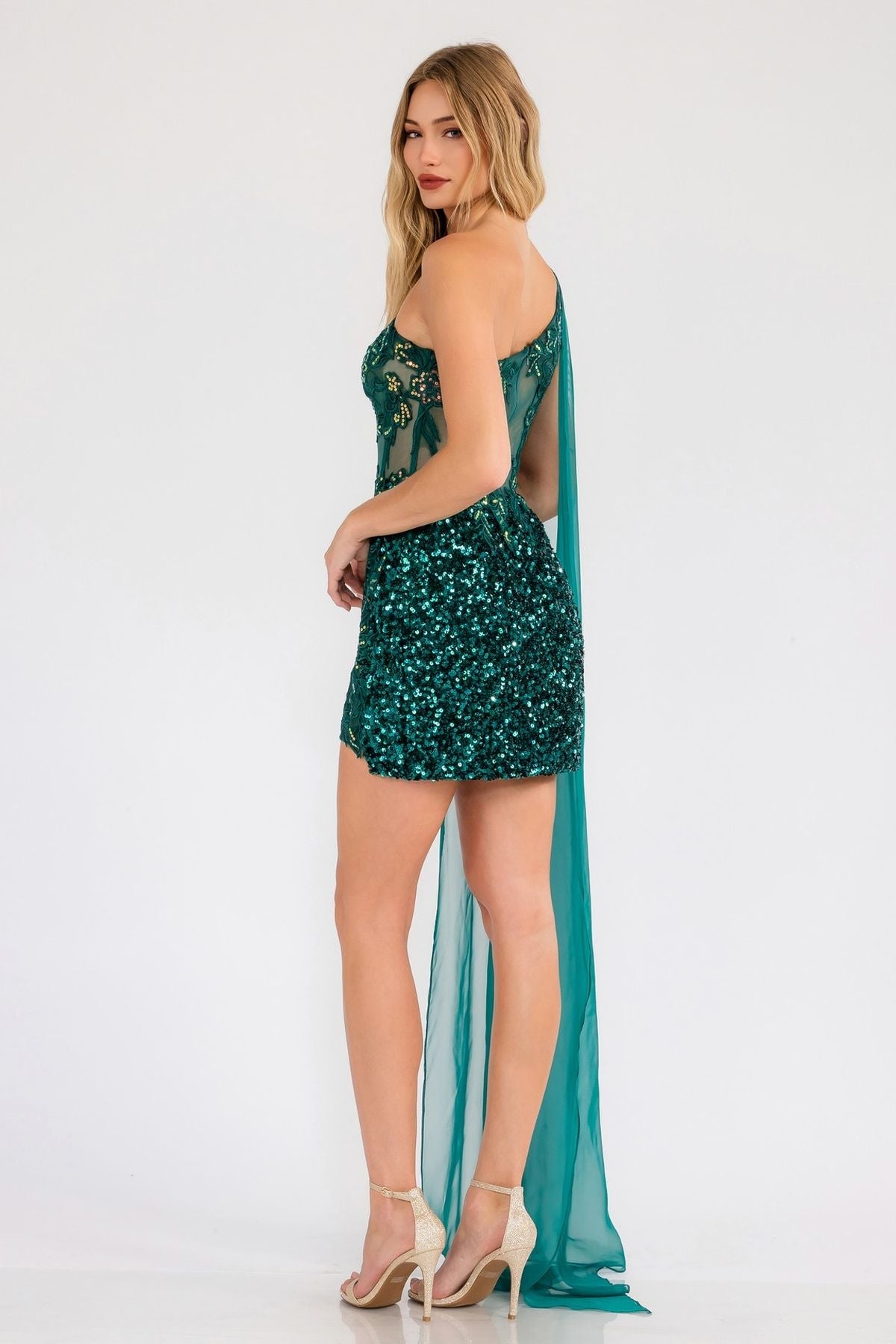 Juliet JT937R Dress One Shoulder Cape Sleeve Cocktail Sequin Gown by DiscountDressShop