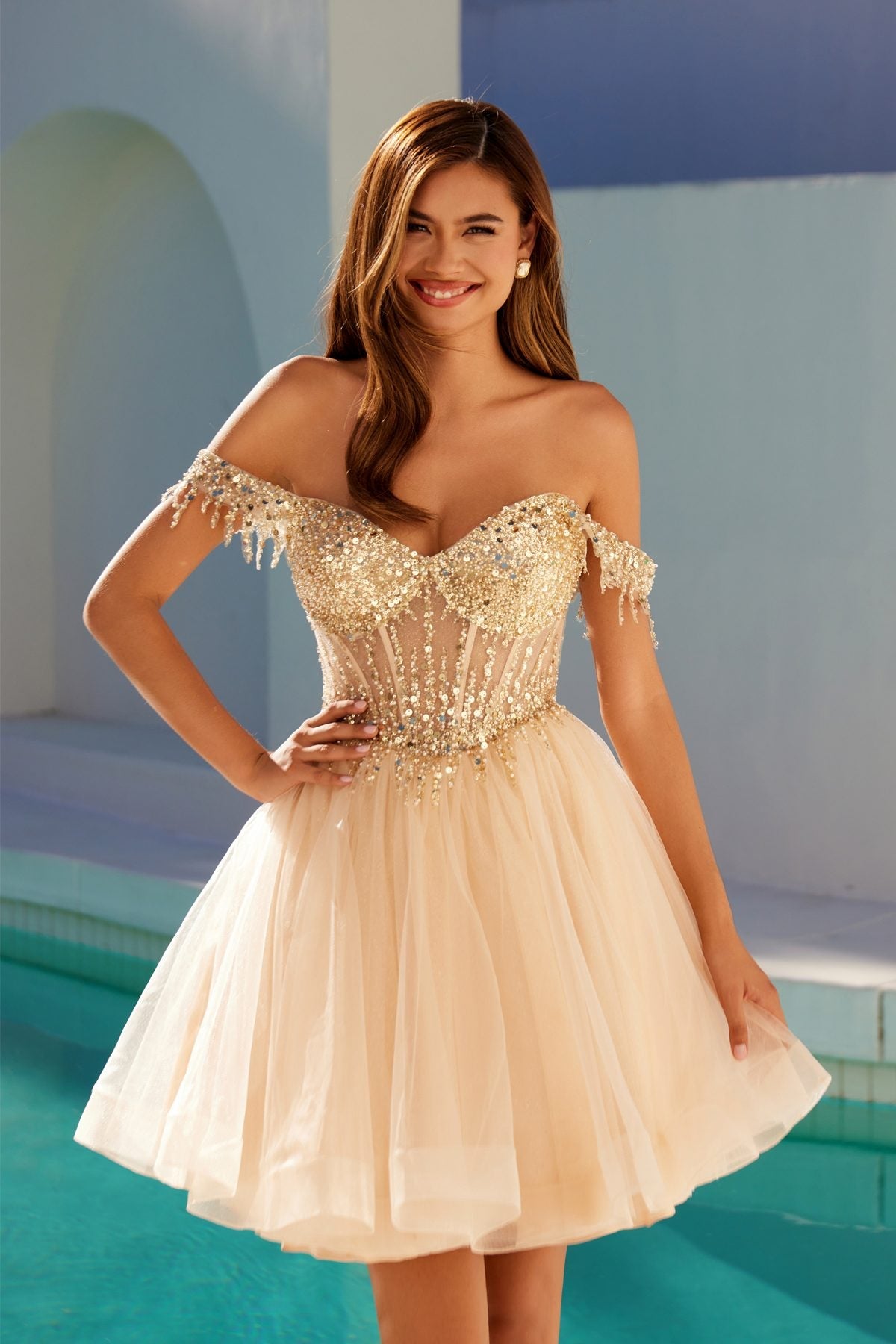 Juliet JT947L Short Off the Shoulder Homecoming A-Line Dress by DiscountDressShop
