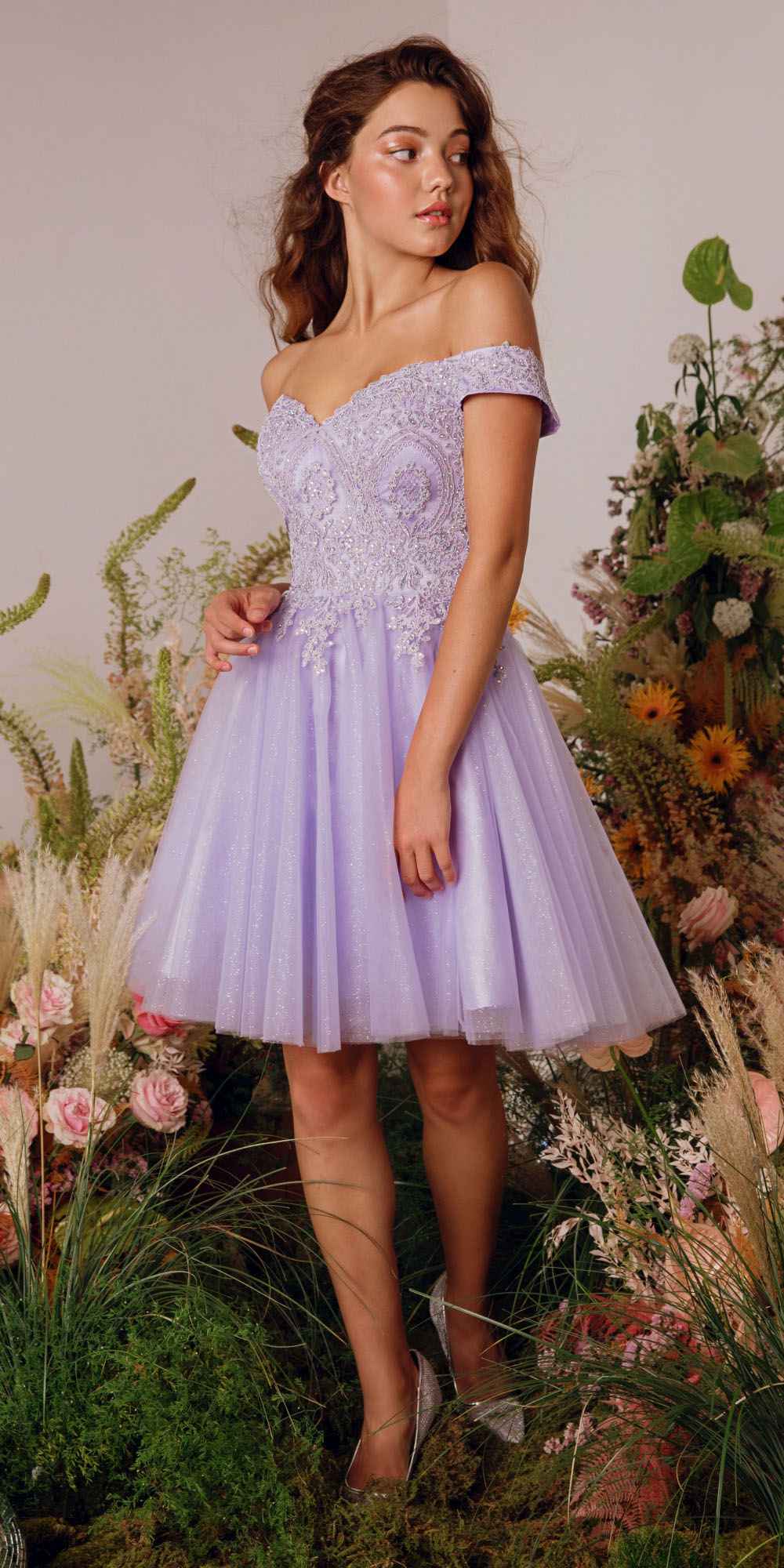 CLEARANCE - Eureka 9833 Short A-Line Off Shoulder Glitter Mesh Dress (Size M) by DiscountDressShop
