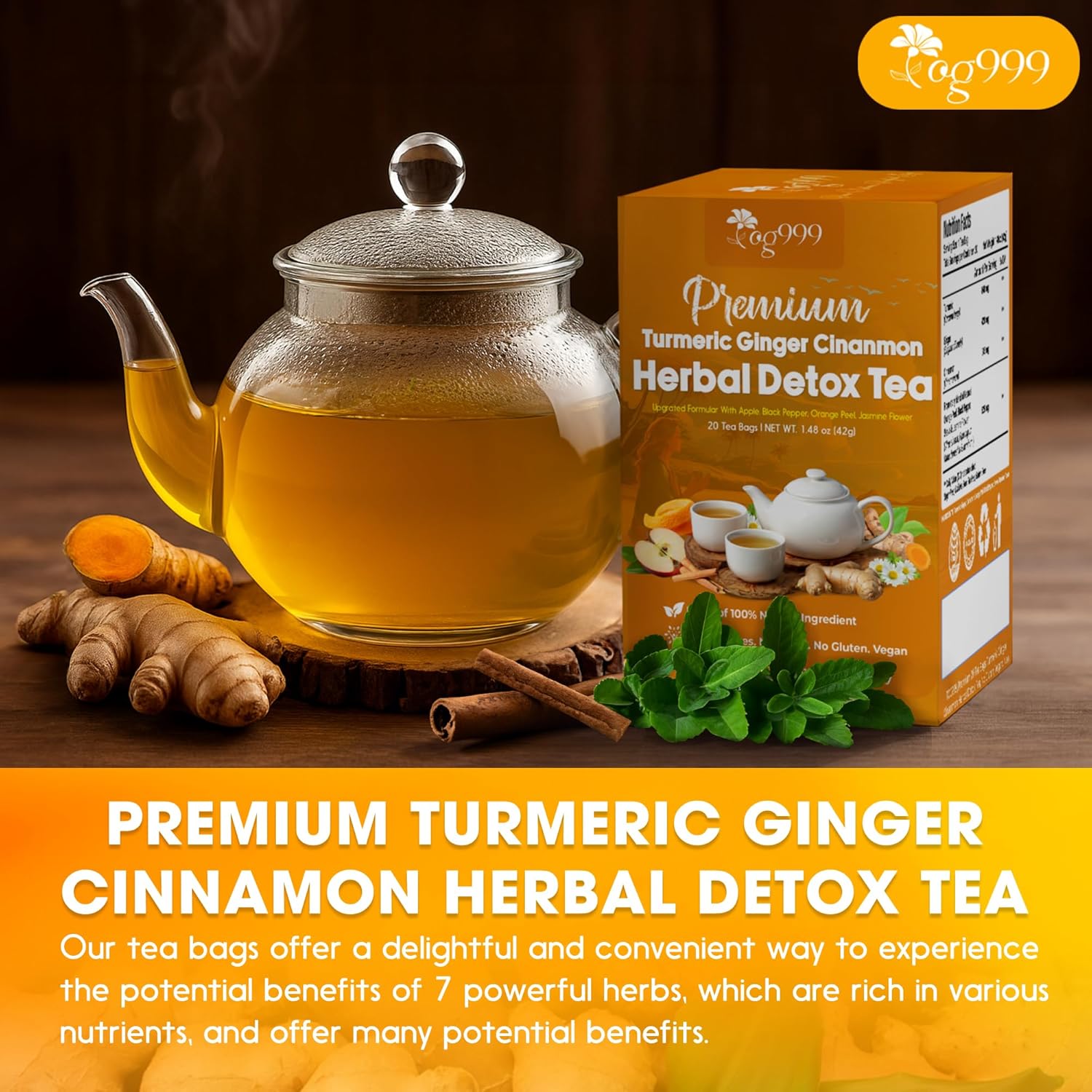 Premium Ginger, Turmeric and Cinnamon, Hand-made Blend of Ginger, Turmeric, Cinnamon, Orange Peel, Black Pepper, Hawthorn Berry and Jasmine. by FreshDrinkUS - Natural and Premium Herbal Tea