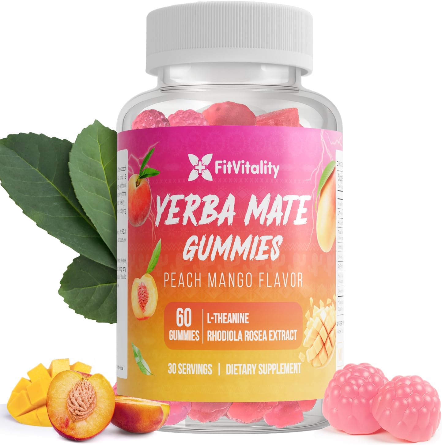 Yerba Mate Gummies – Super Focus & Energy Support – Formulated with Yerba Mate Extract, L-Theanine, Rhodiola, Ginseng, Choline, B12 – Peach Mango Flavor by FreshDrinkUS - Natural and Premium Herbal Tea