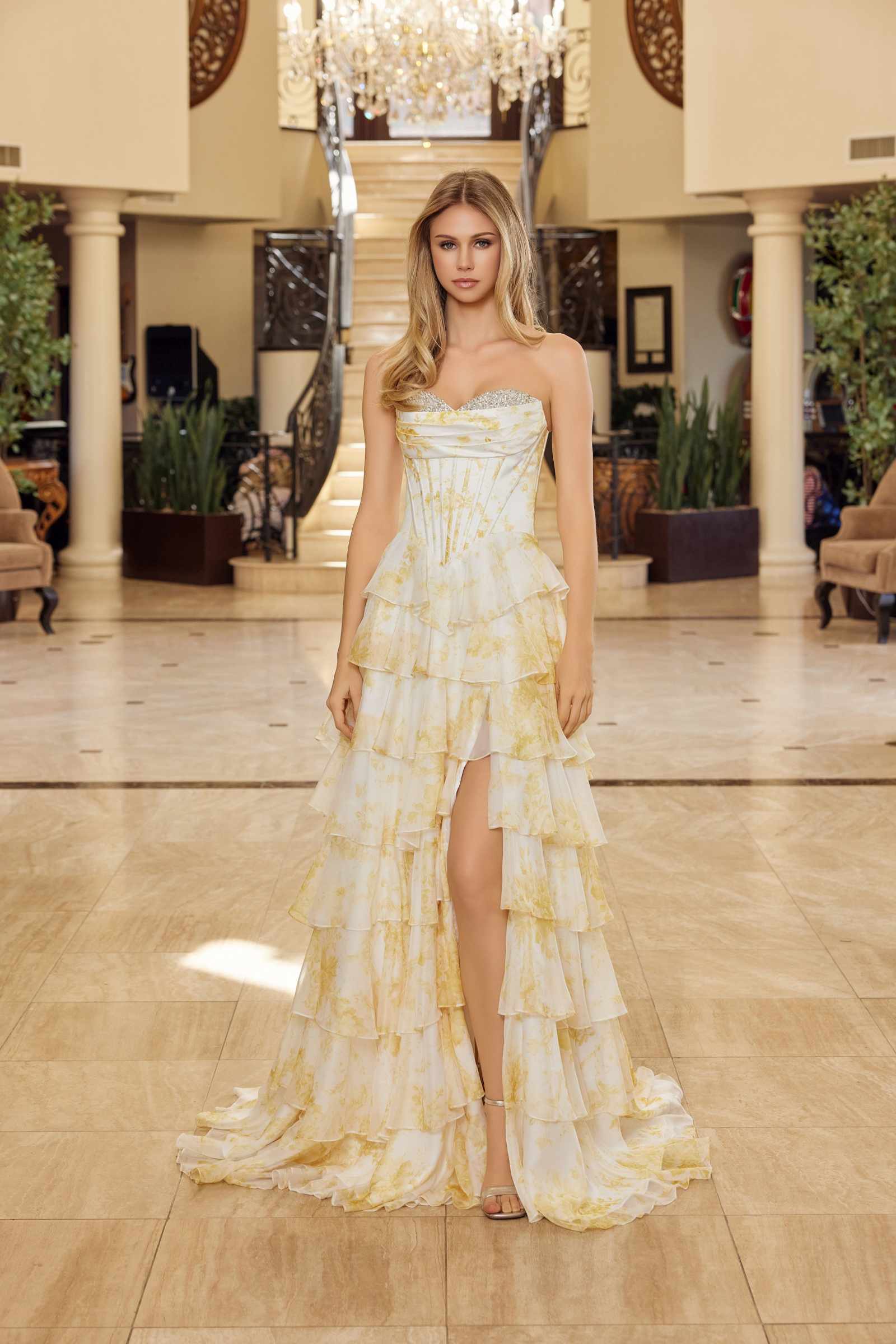Nox Anabel A1752 Flowy Strapless A-Line Ruffled Layered Chiffon Prom Gown by DiscountDressShop