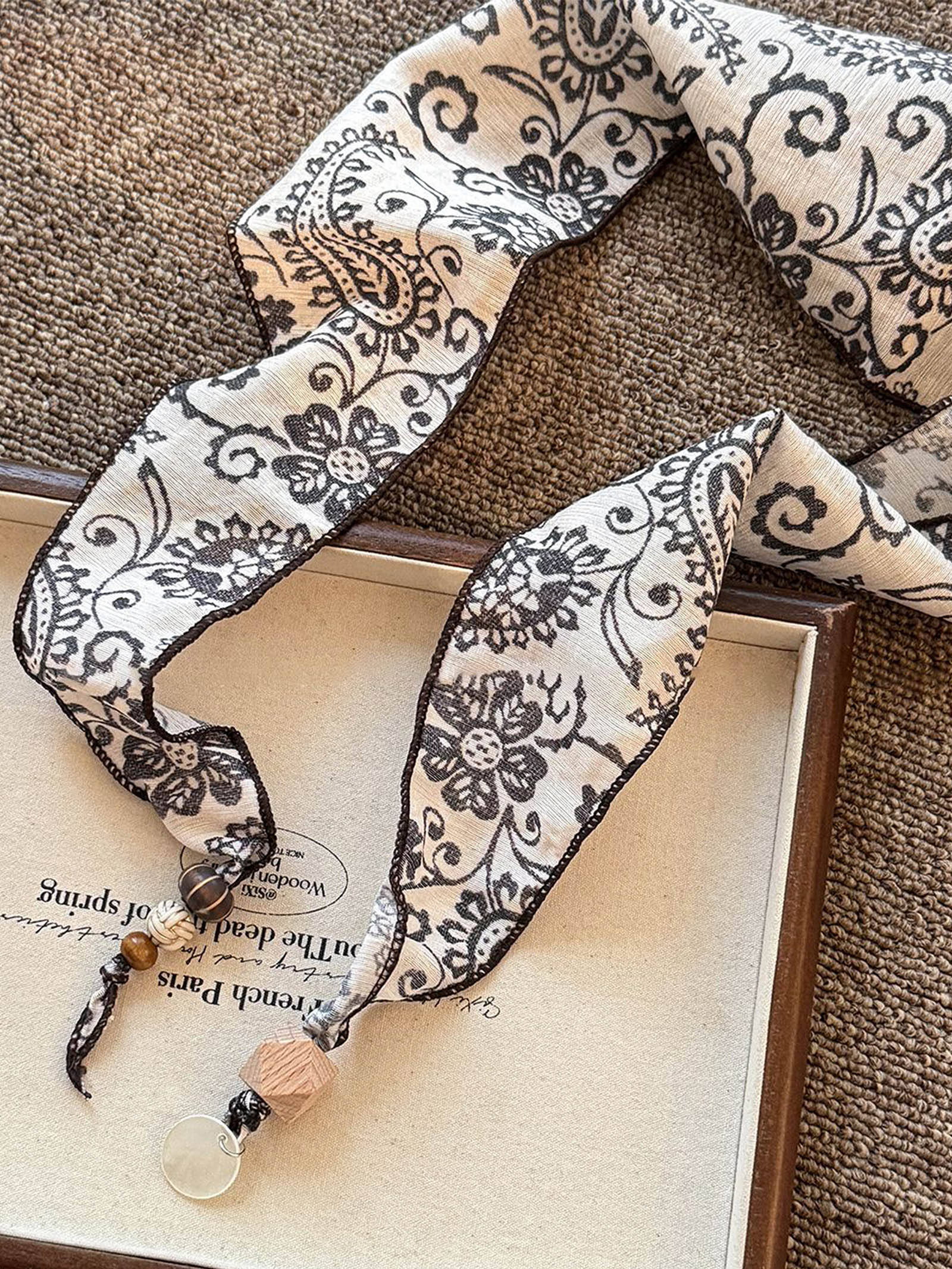 Multi-Functional Floral Satin Scarf With Jade Bead Accents by LINTICO