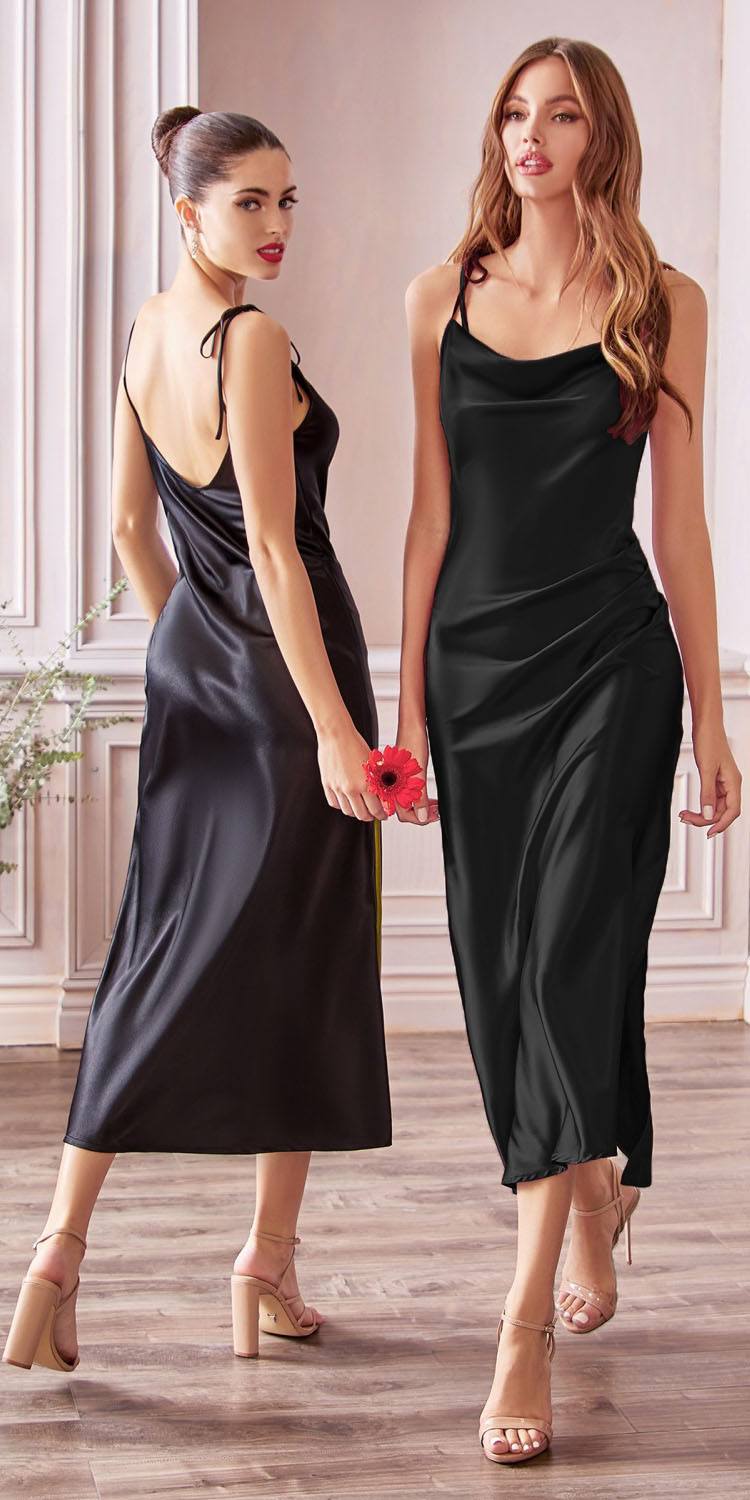 Cinderella Divine BD103 Satin Midi Length Dress High Side Split Cowl Neck by DiscountDressShop