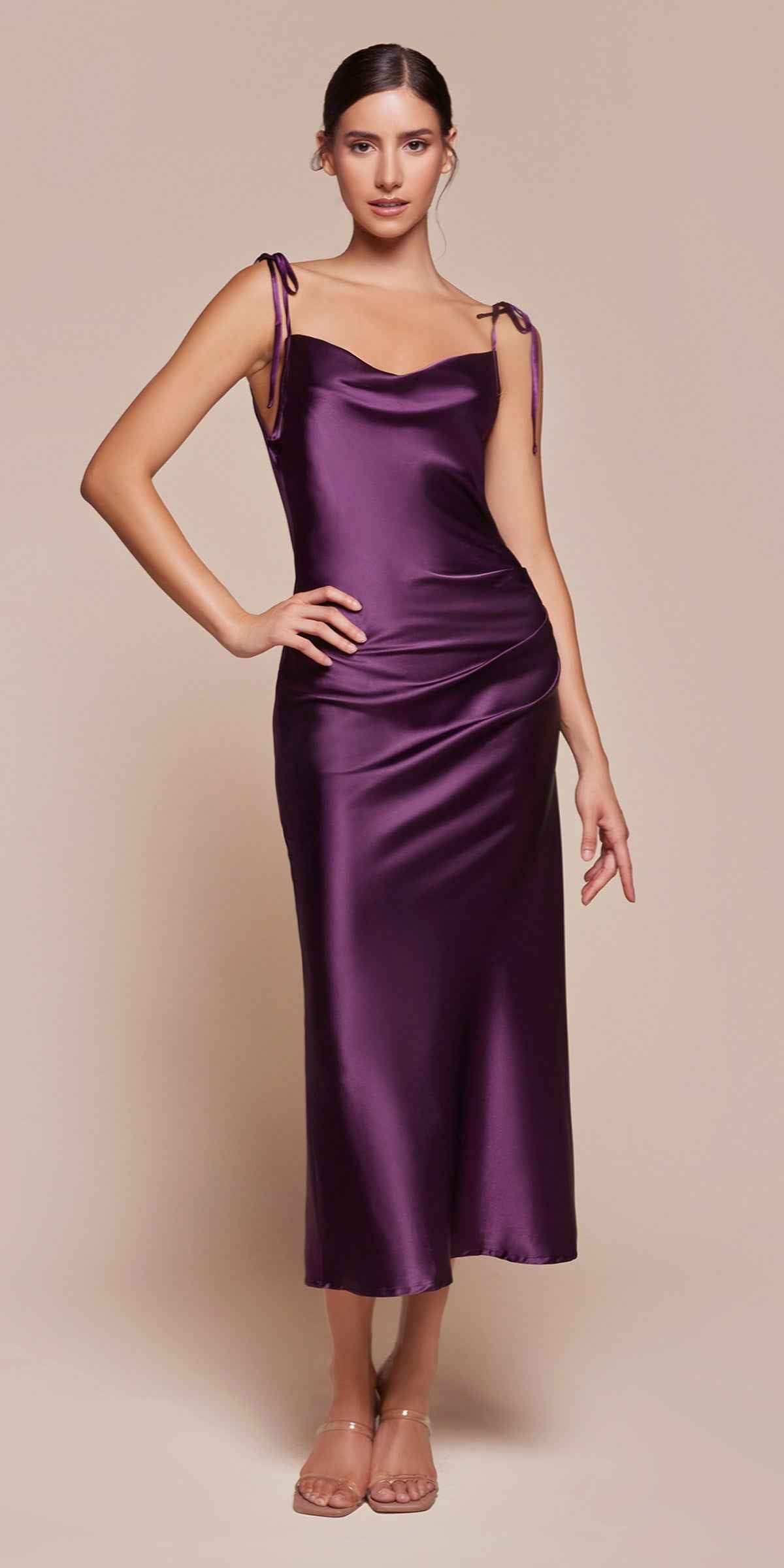 Cinderella Divine BD103 Satin Midi Length Dress High Side Split Cowl Neck by DiscountDressShop