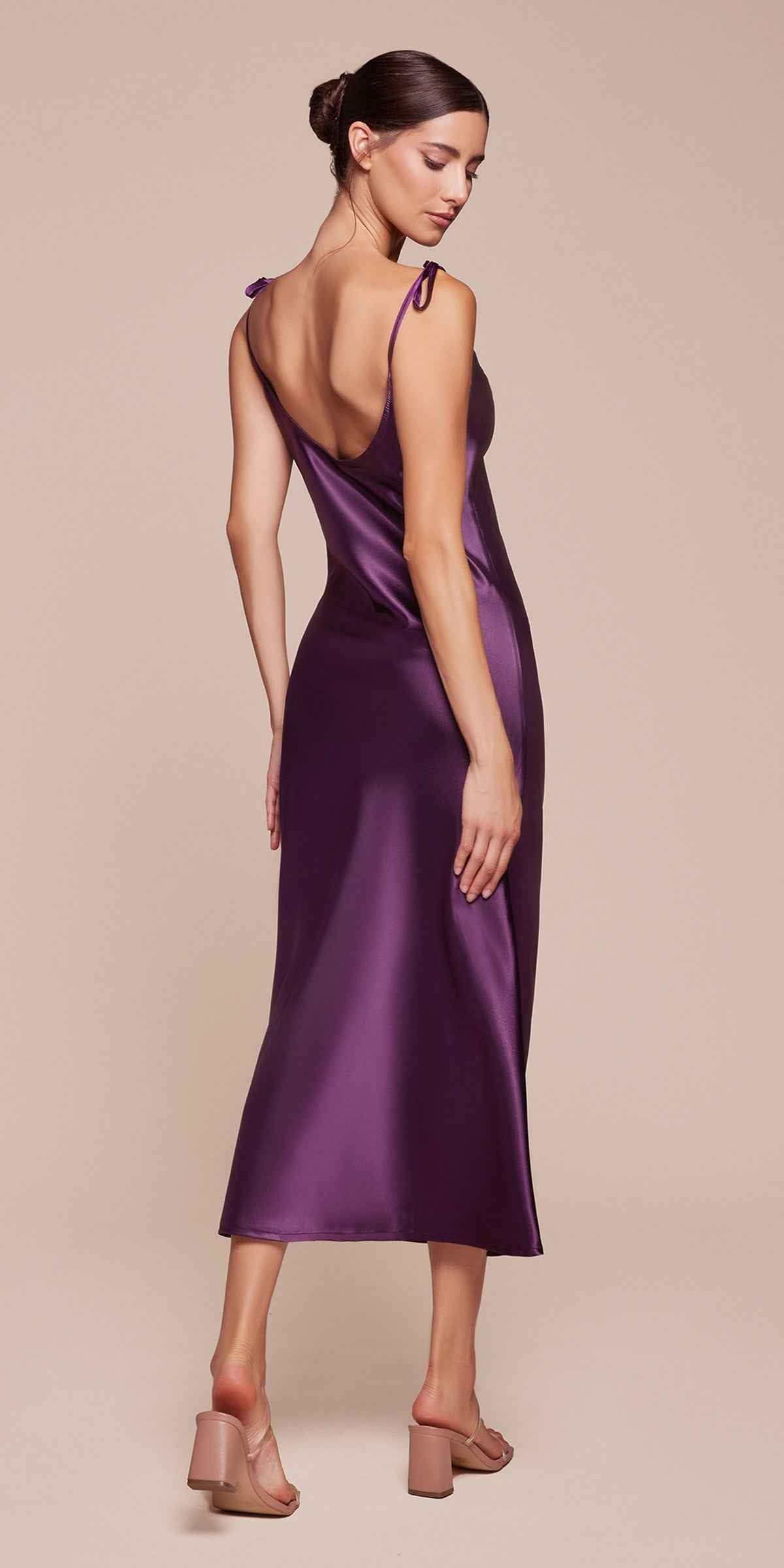 Cinderella Divine BD103 Satin Midi Length Dress High Side Split Cowl Neck by DiscountDressShop