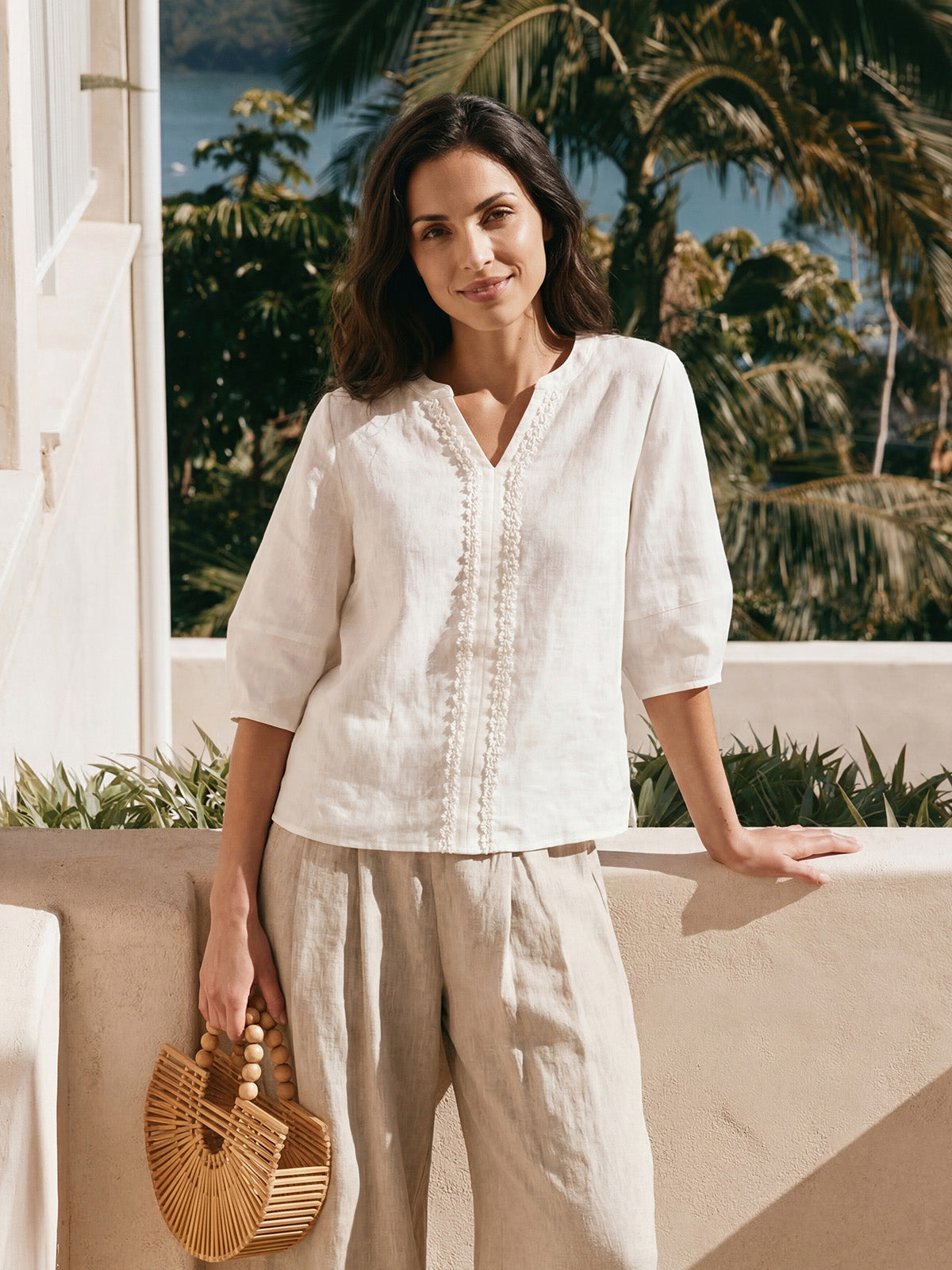 100% Linen Lace Trim Lantern Sleeve V-Neck Top LIVIAN by LINTICO