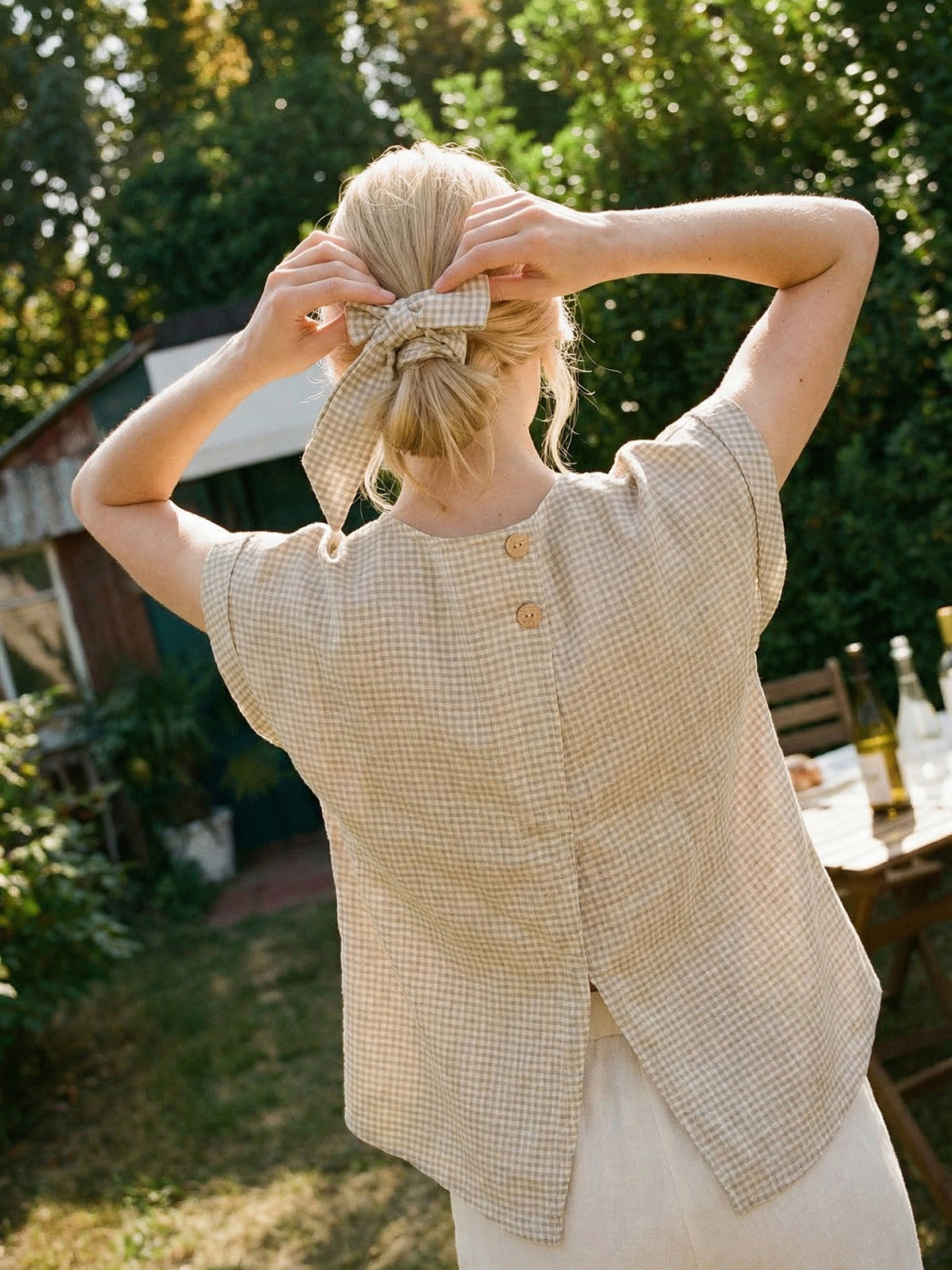 100% Linen Plaid Detachable Tie-Belt Split-Neck Top LEXIE by LINTICO