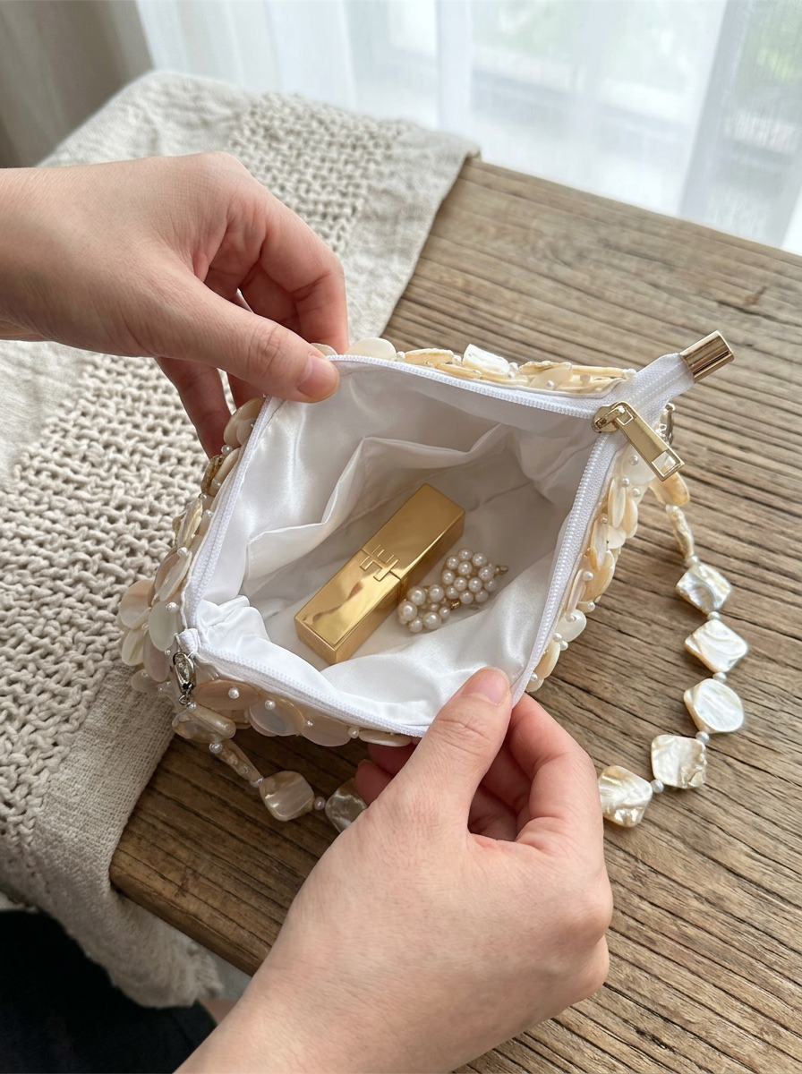 Luxe Handcrafted Mother of Pearl Disc Clutch for Special Occassion & Summer Vacations by LINTICO