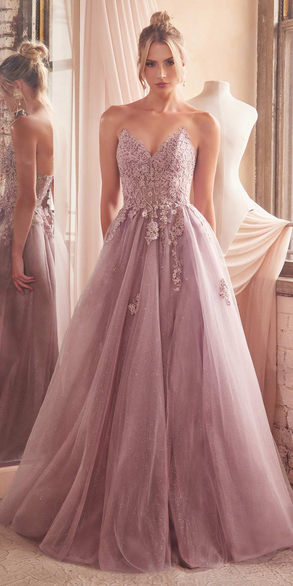 Ladivine C148 Long Strapless Lace and Tulle Glitter A-Line Ballgown by DiscountDressShop