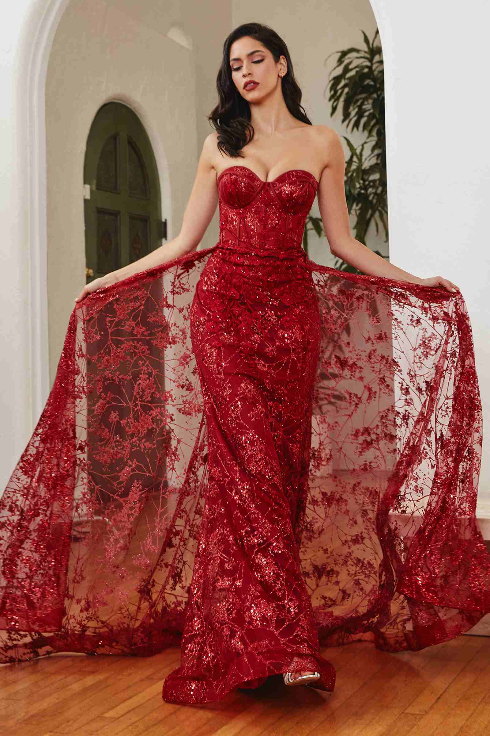 Cinderella Divine CB046W Strapless Gown Floral Applique Glitter Tulle Overskirt by DiscountDressShop