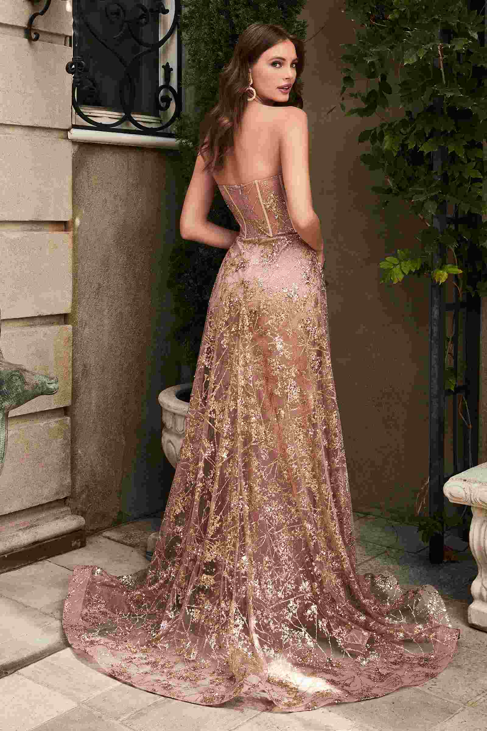 Cinderella Divine CB046W Strapless Gown Floral Applique Glitter Tulle Overskirt by DiscountDressShop