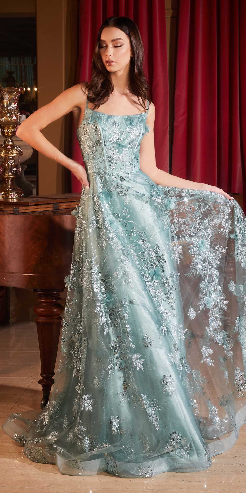 Ladivine CB144 Long Sequin Floral Printed A-Line Dress by DiscountDressShop