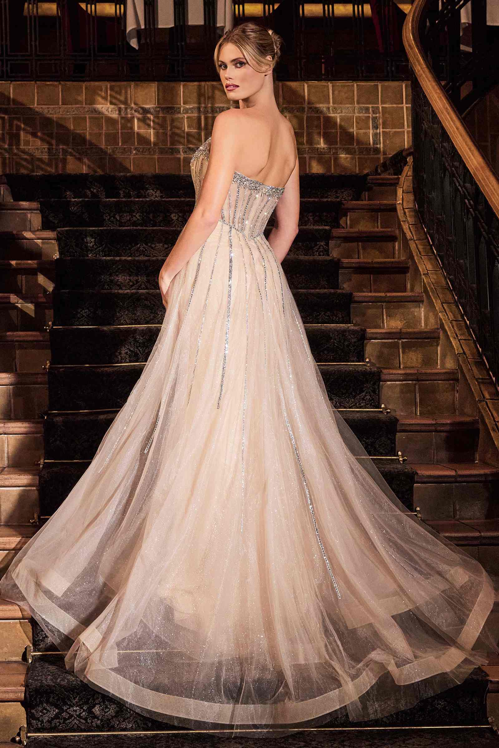 Ladivine CB158 Strapless Crystal Embellished Gown With Overskirt by DiscountDressShop