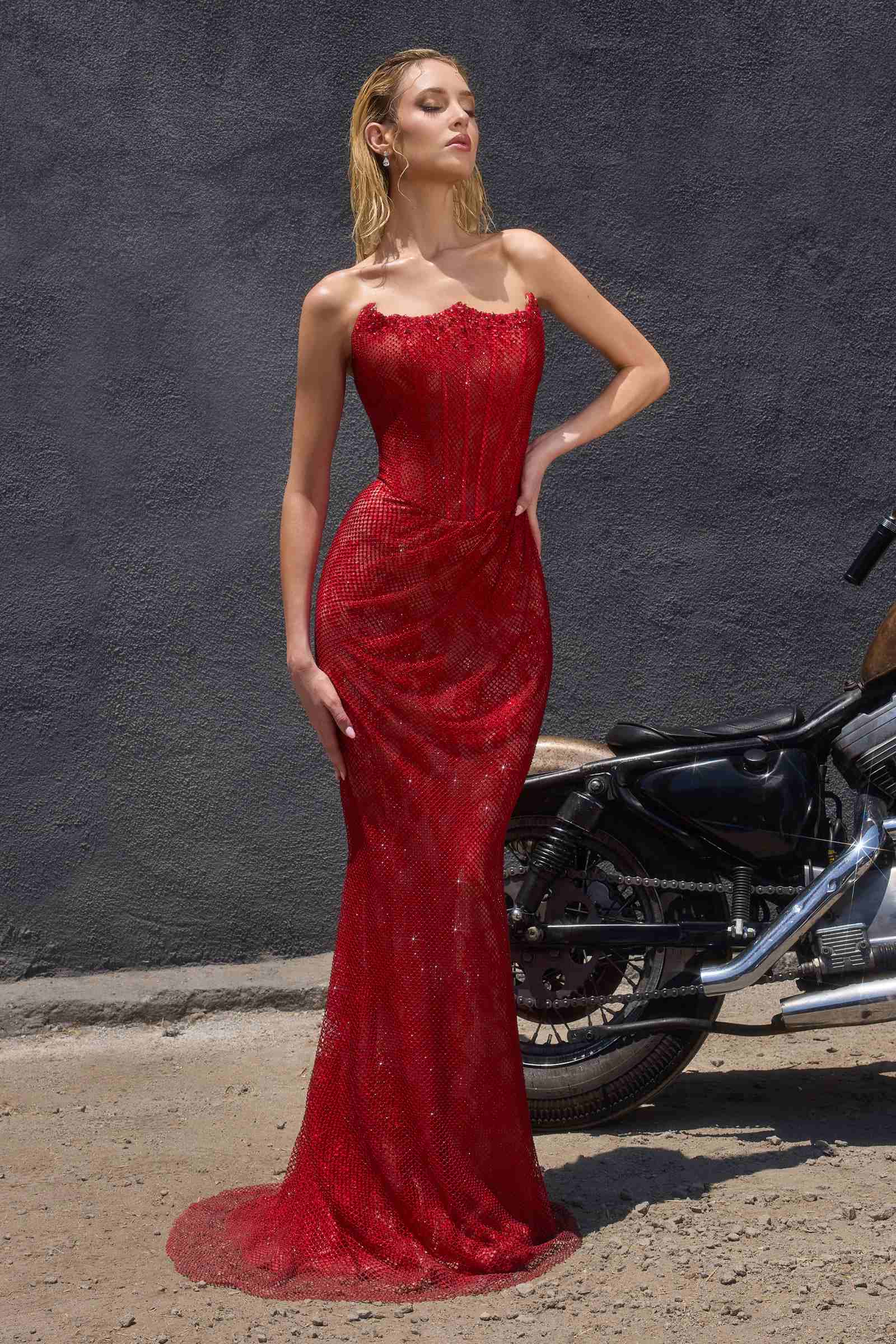 Ladivine CB162 Fitted Strapless Scoop Neck Leg Slit Beaded Gown by DiscountDressShop