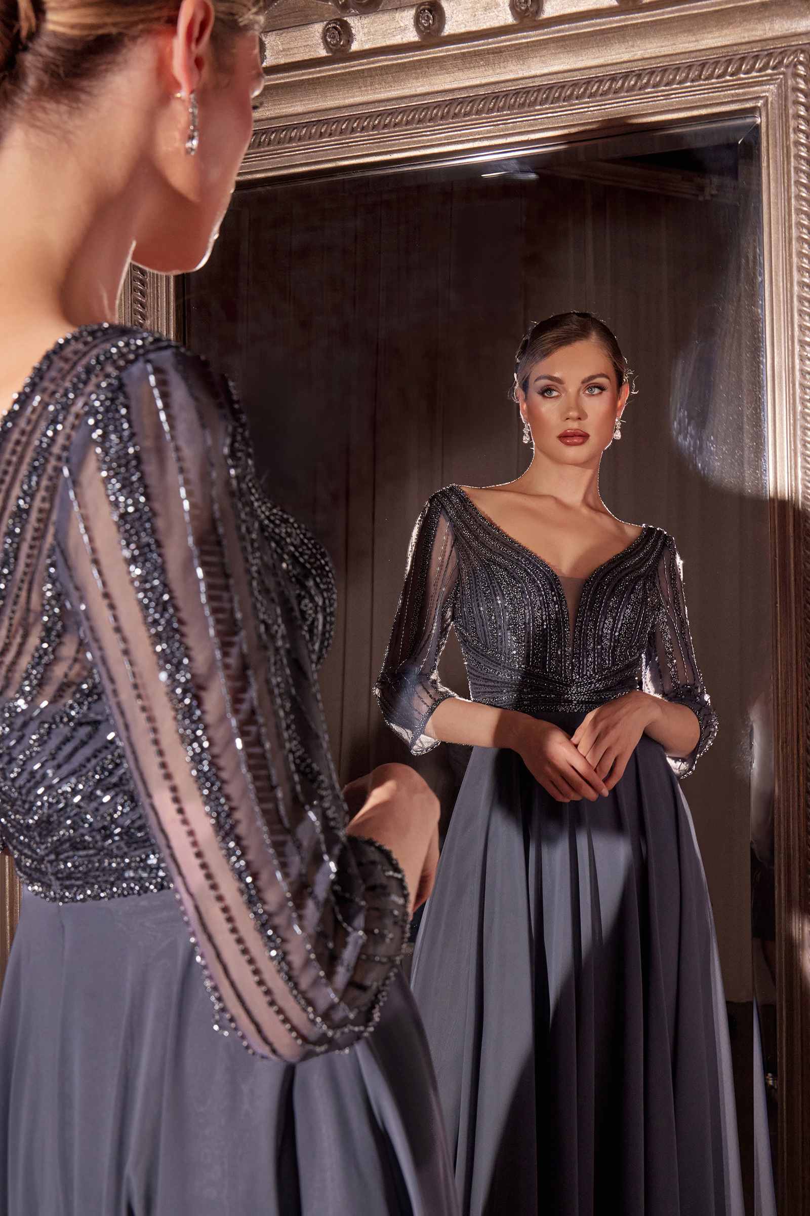 Ladivine CC446 Three Quarter Sleeve Beaded Chiffon Dress by DiscountDressShop