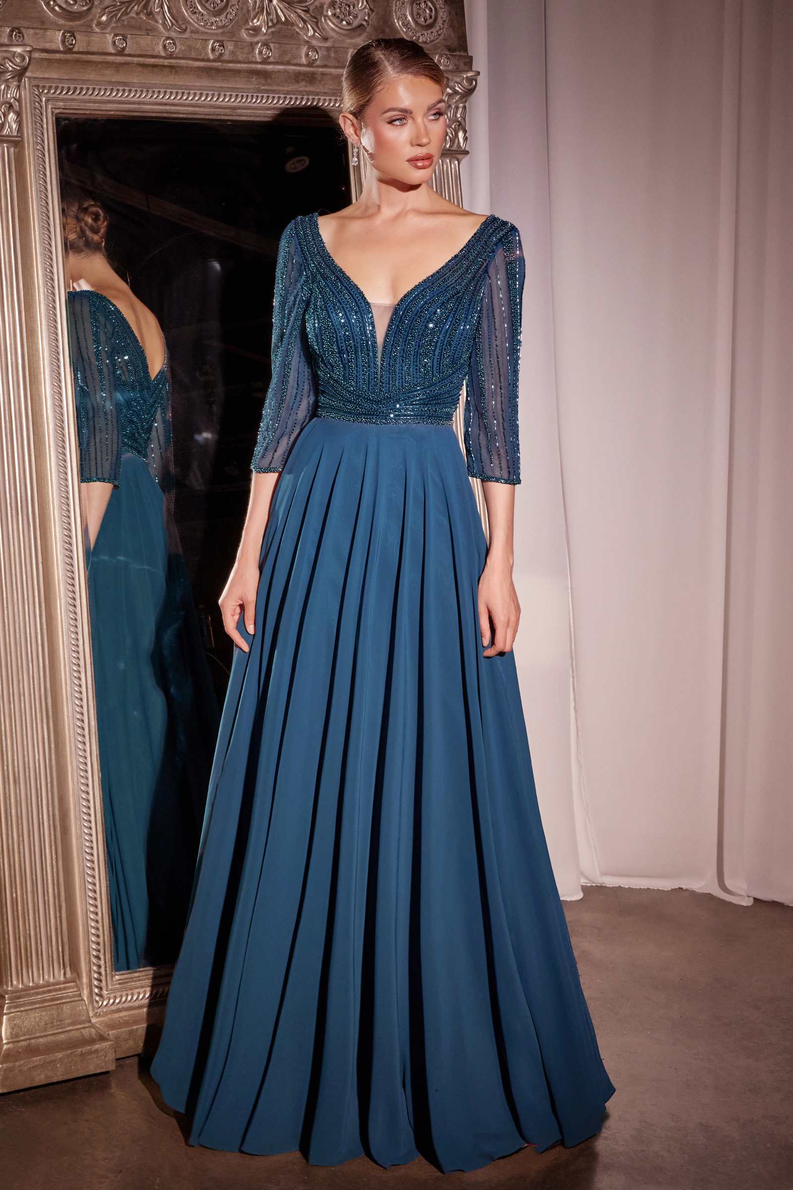 Ladivine CC446 Three Quarter Sleeve Beaded Chiffon Dress by DiscountDressShop