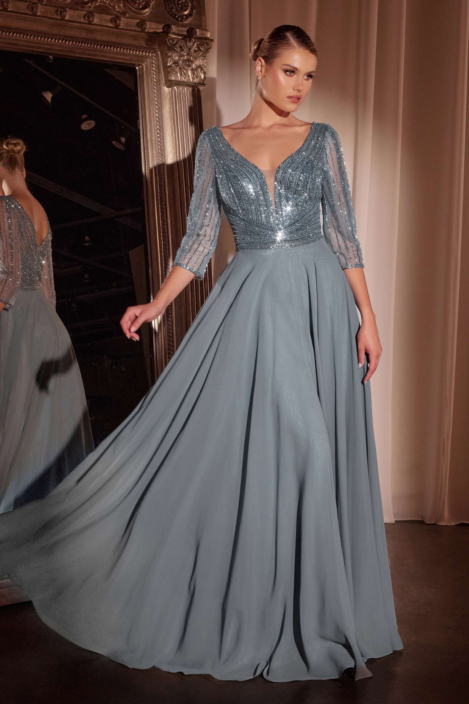 Ladivine CC446 Three Quarter Sleeve Beaded Chiffon Dress by DiscountDressShop
