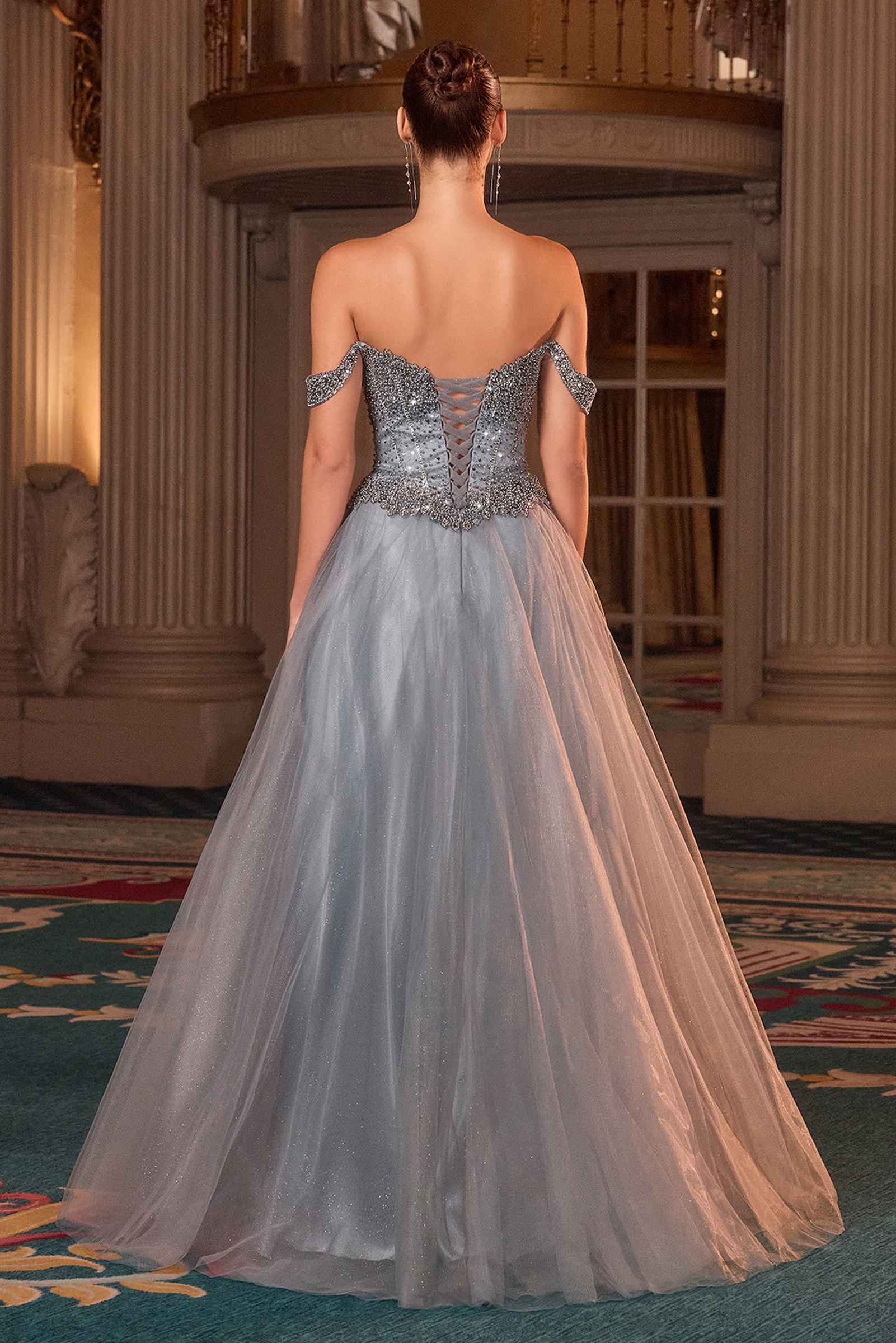 Ladivine CC471 Off Shoulder Glitter Tulle Corset Bodice A-line Ball Gown by DiscountDressShop
