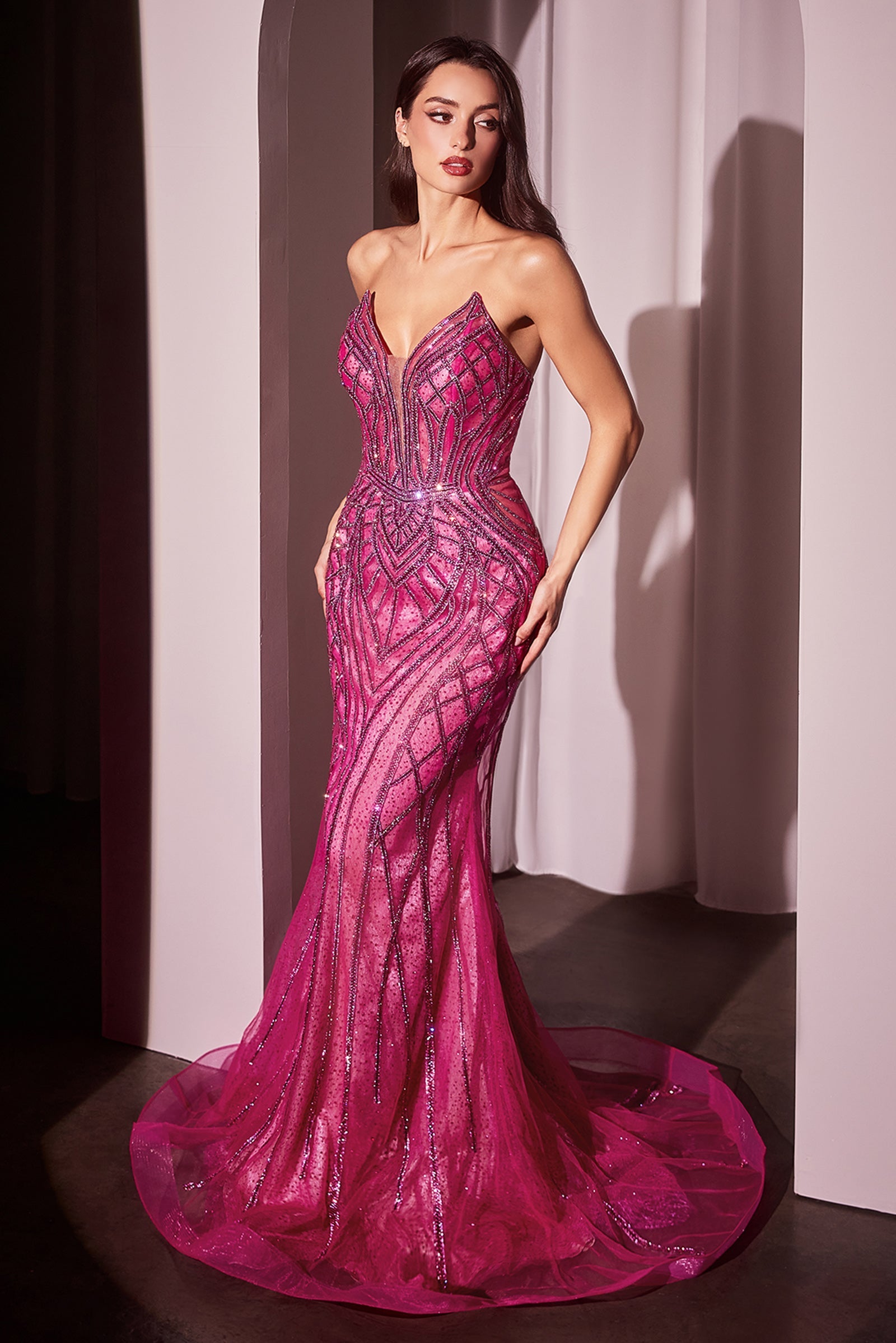 Ladivine CC6018 Long Strapless Rhinestone Embellished Mermaid Gown by DiscountDressShop