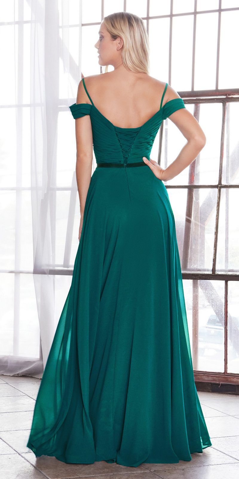 Cinderella Divine CD0156 Long Off The Shoulder Chiffon Gown Corset Back by DiscountDressShop