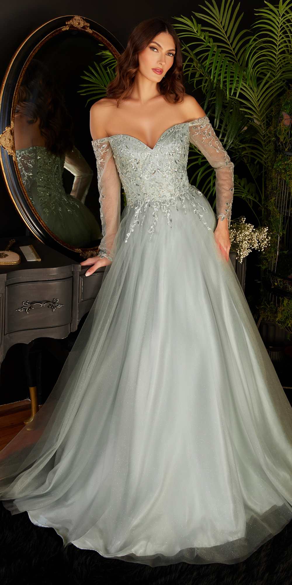 Cinderella Divine CD0172 A-Line Layered Tulle Gown Off The Shoulder Long Sleeve by DiscountDressShop