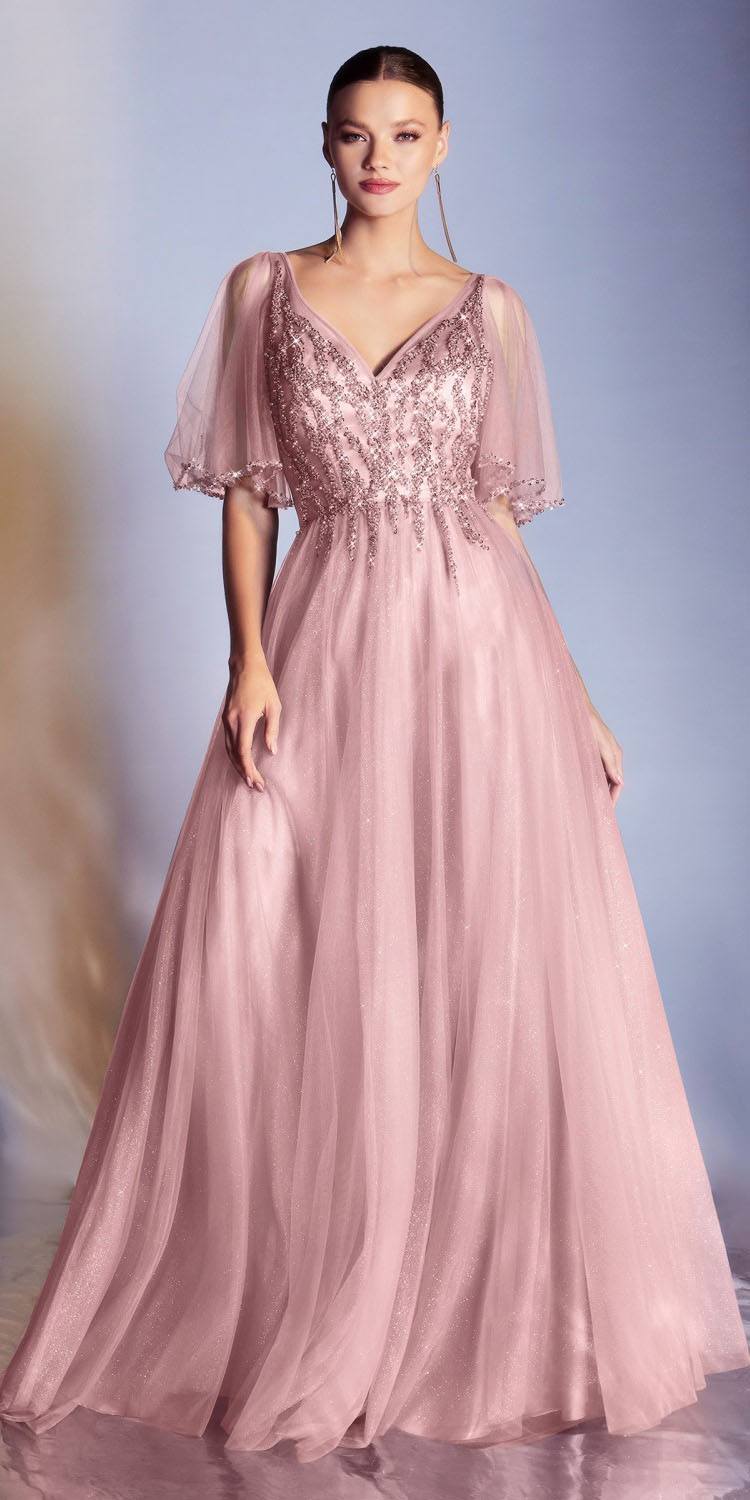 Cinderella Divine CD0175 Floor Length Layered Tulle A-Line Gown Butterfly Sleeve by DiscountDressShop