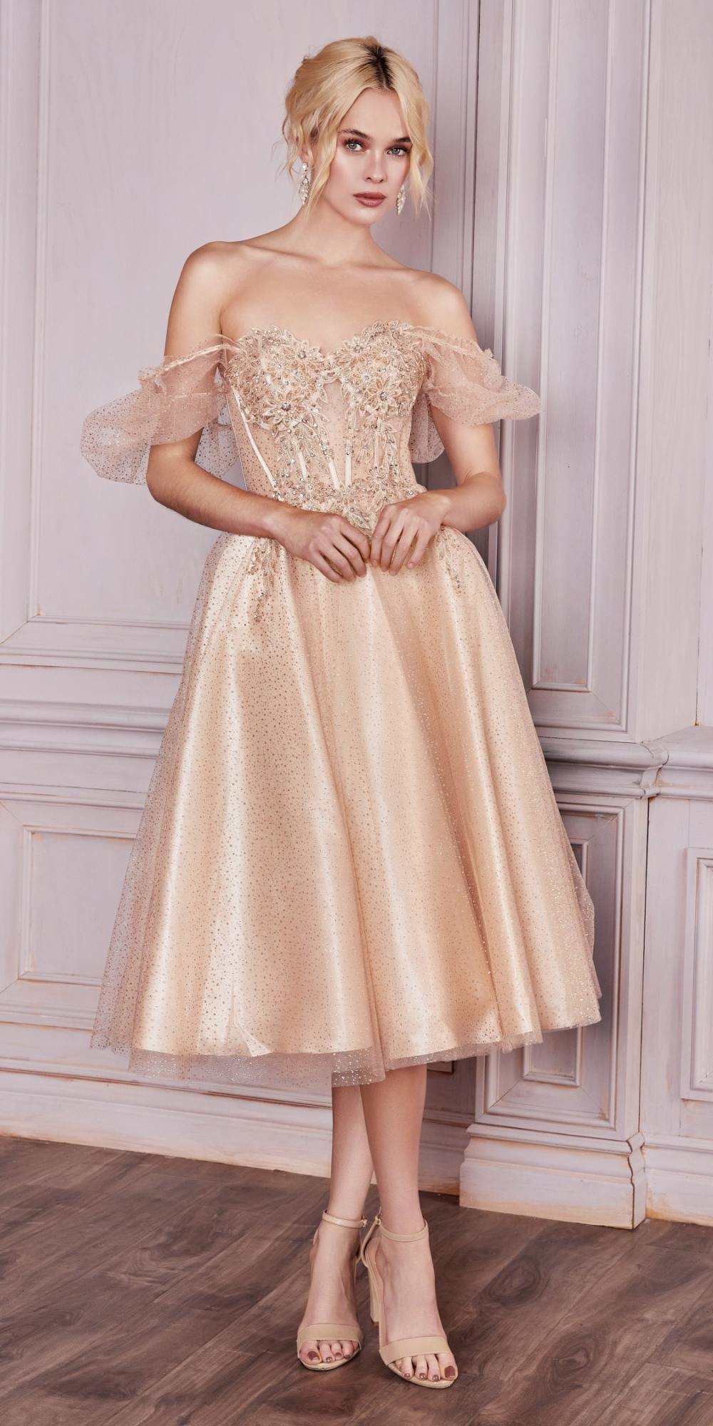 Cinderella Divine CD0187 Tea Length Layered Tulle Dress with Short Puff Sleeves by DiscountDressShop