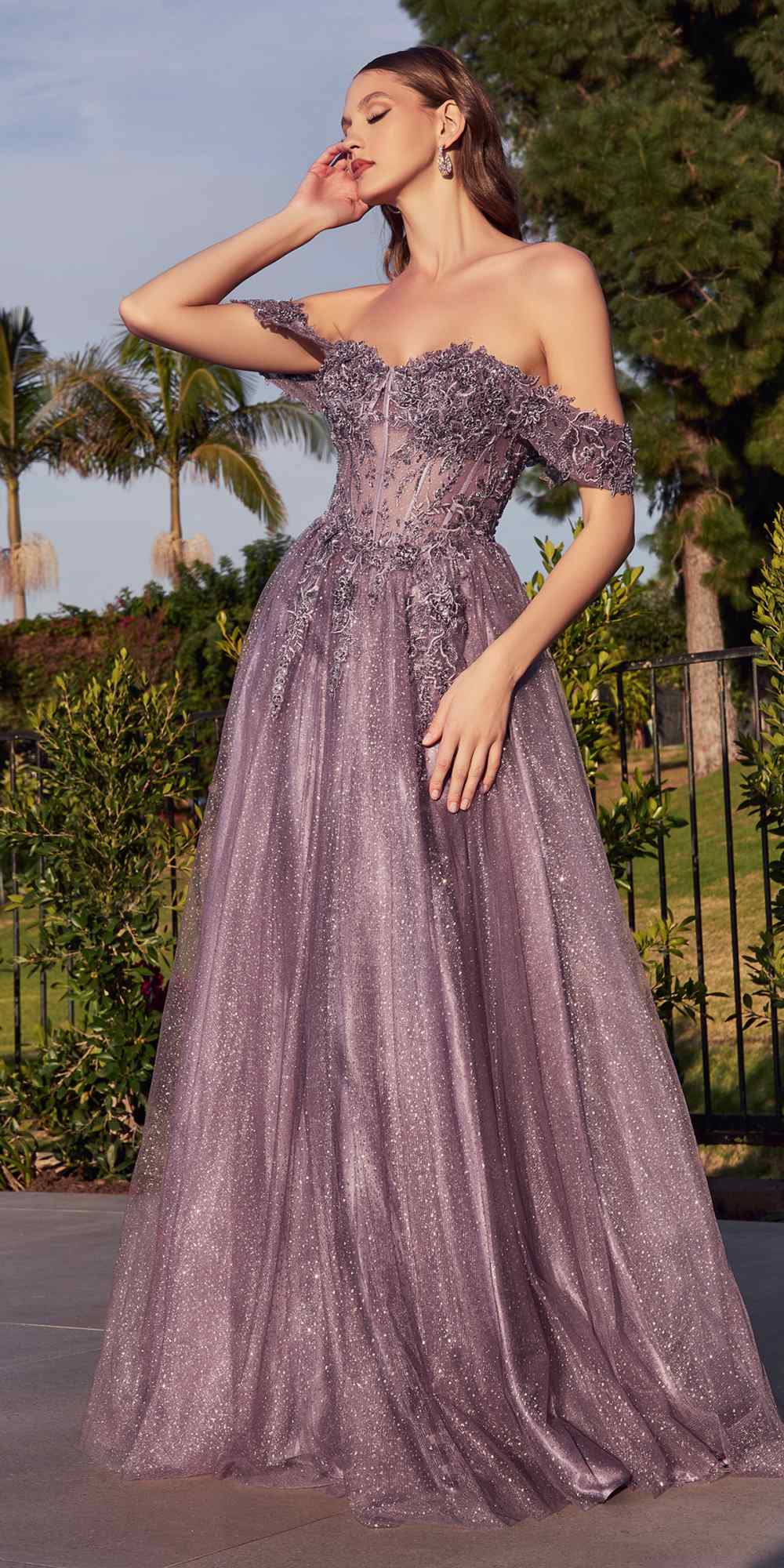 Cinderella Divine CD0198 Long Lace A-Line Gown with Off the Shoulder Sleeves by DiscountDressShop