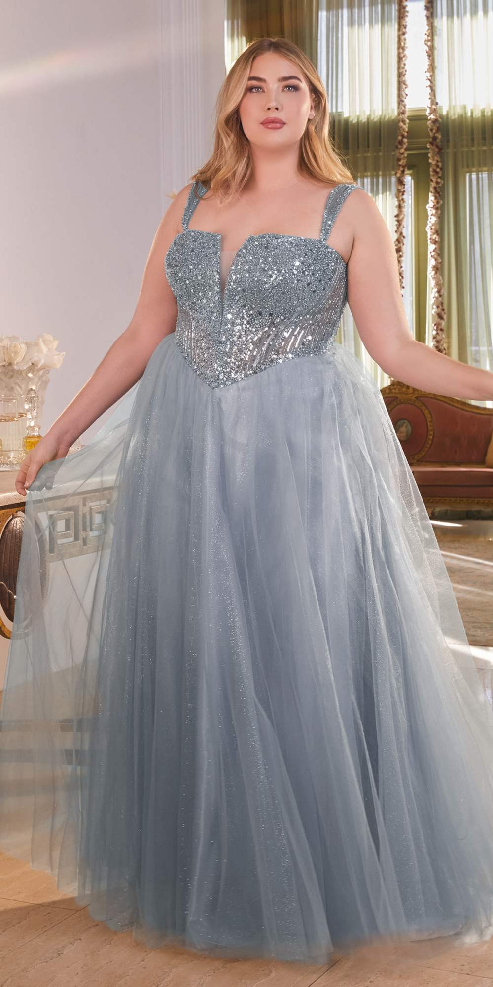 Ladivine CD0217 Long A-Line Strapless Sequin Bodice Glitter Tulle Skirt Dress by DiscountDressShop