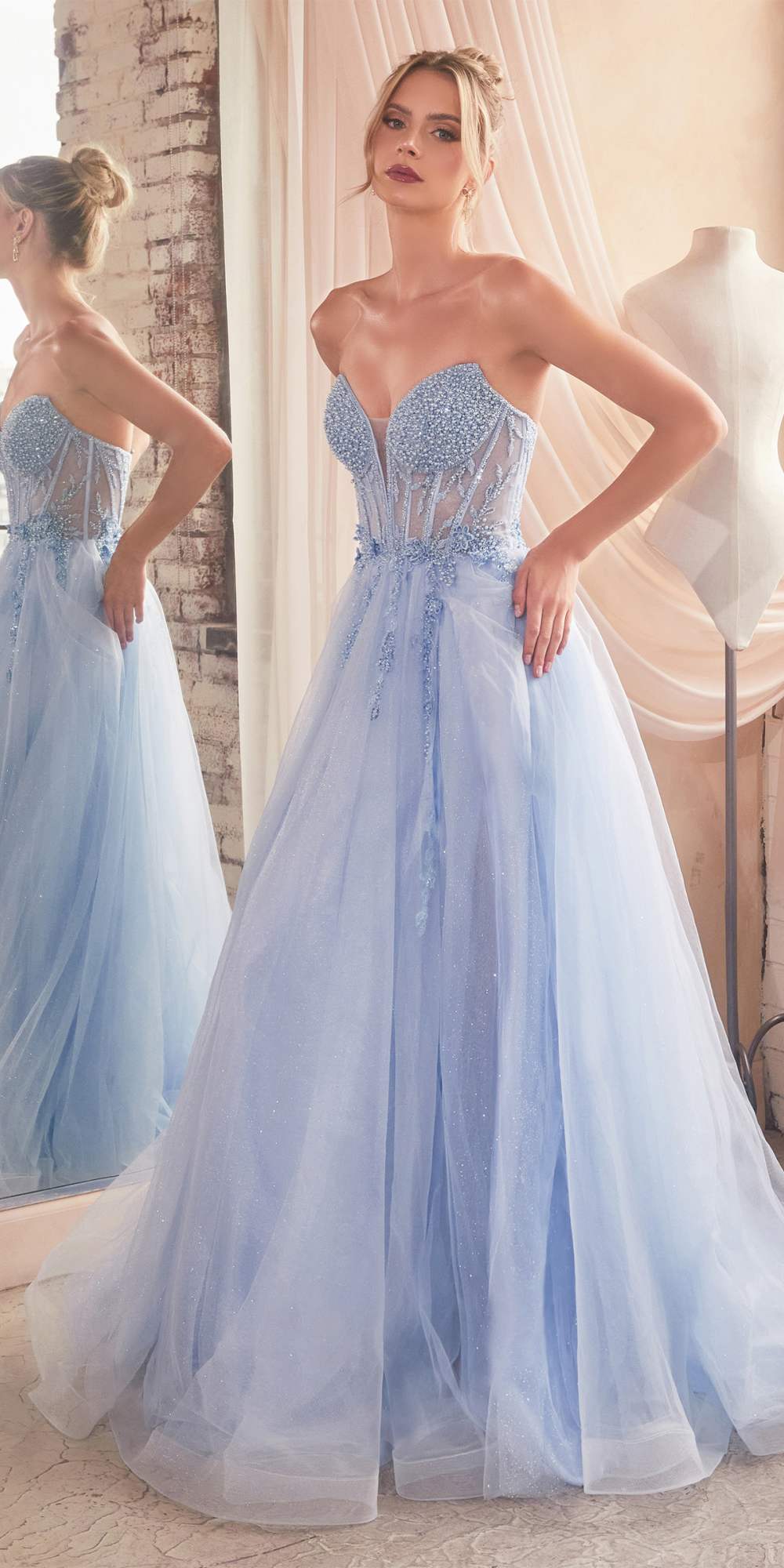 Ladivine CD0230 Long Strapless Layered Tulle Leg Slit Ballgown by DiscountDressShop