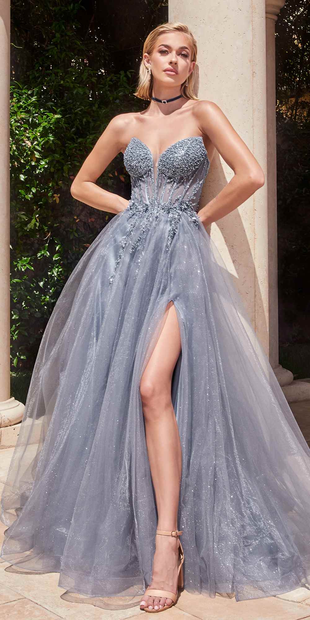 Ladivine CD0230 Long Strapless Layered Tulle Leg Slit Ballgown by DiscountDressShop
