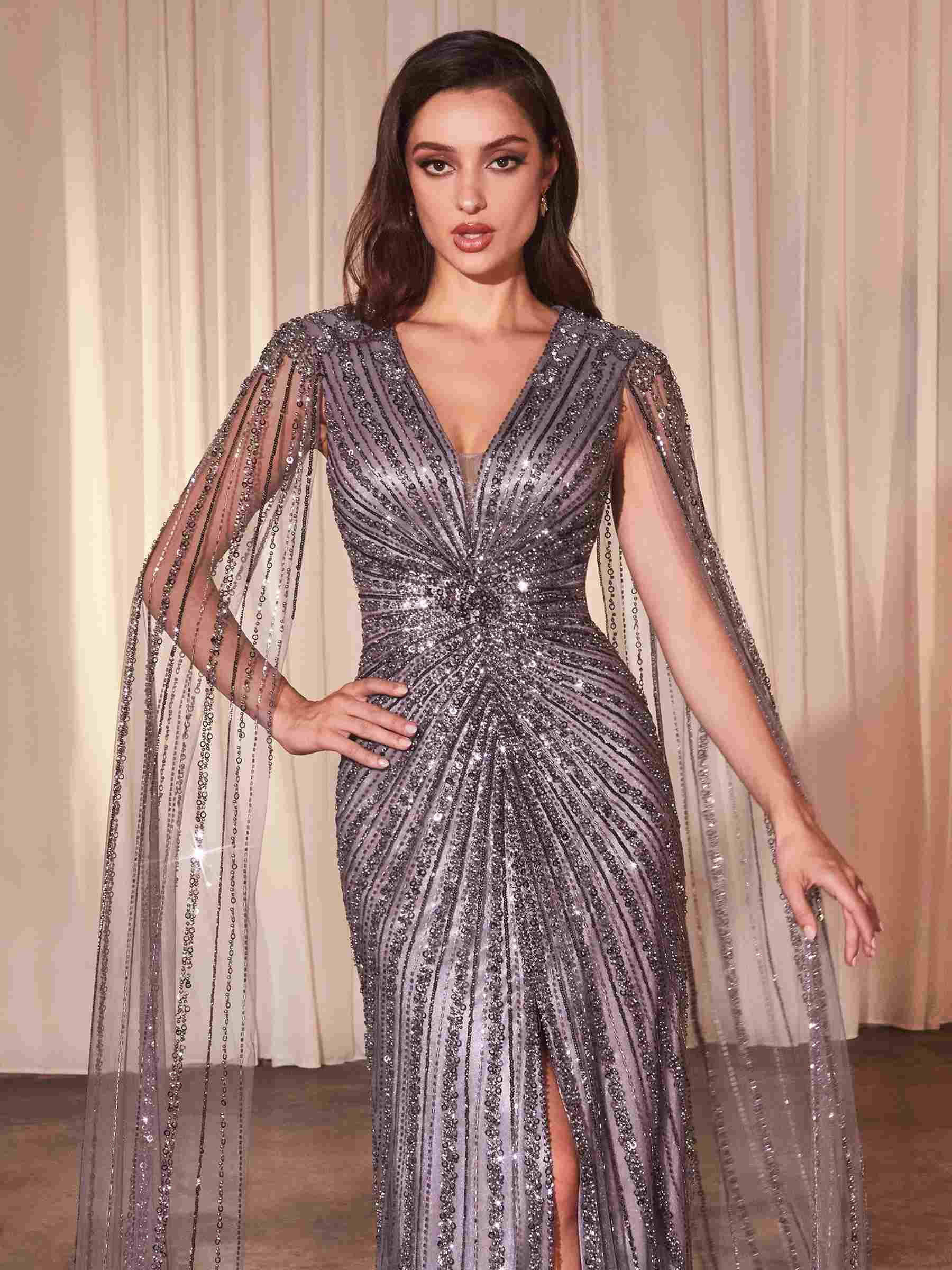 Ladivine CD0239 Long Sleeve Fully Beaded Sheath Gown by DiscountDressShop