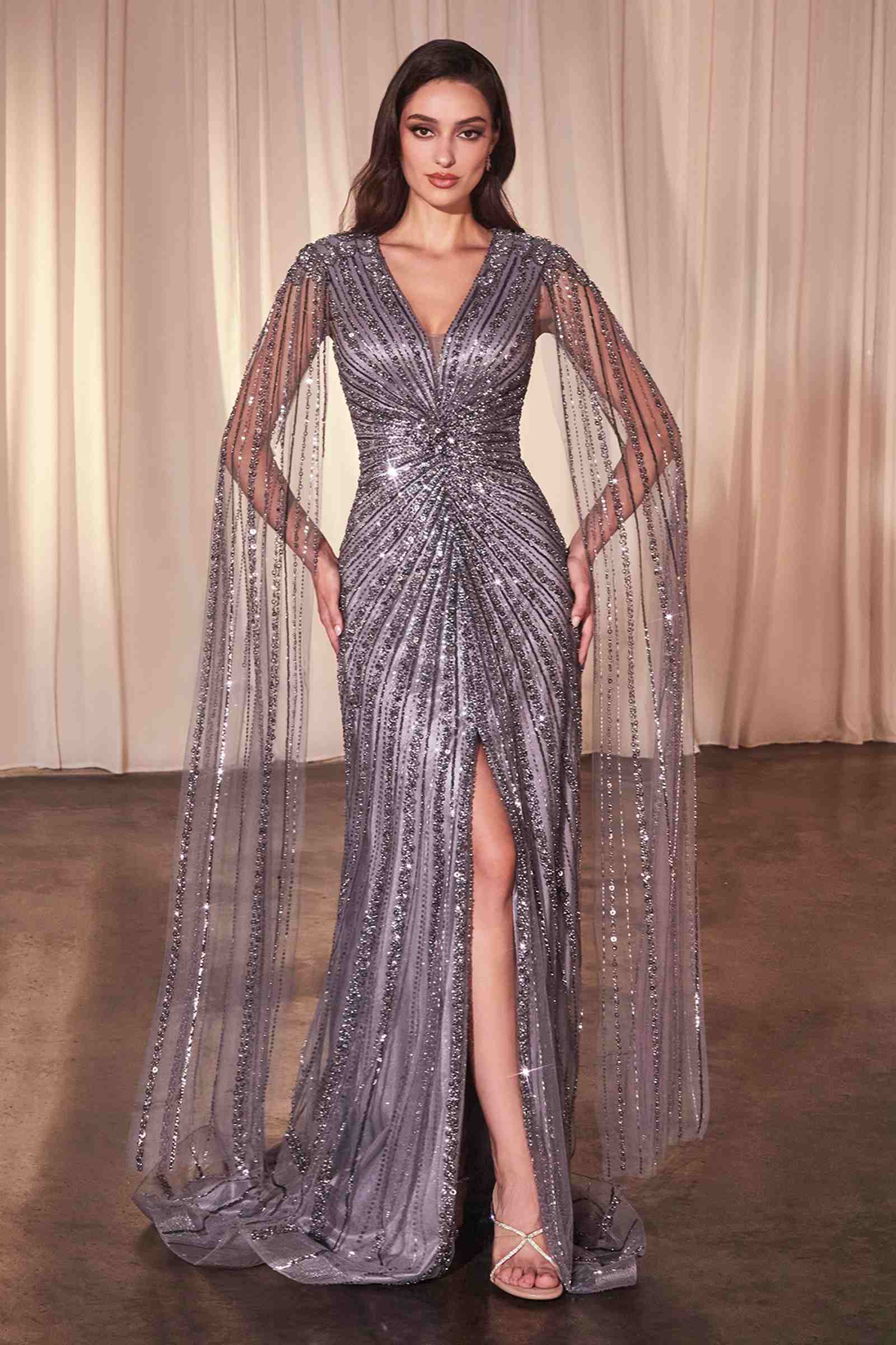 Ladivine CD0239 Long Sleeve Fully Beaded Sheath Gown by DiscountDressShop
