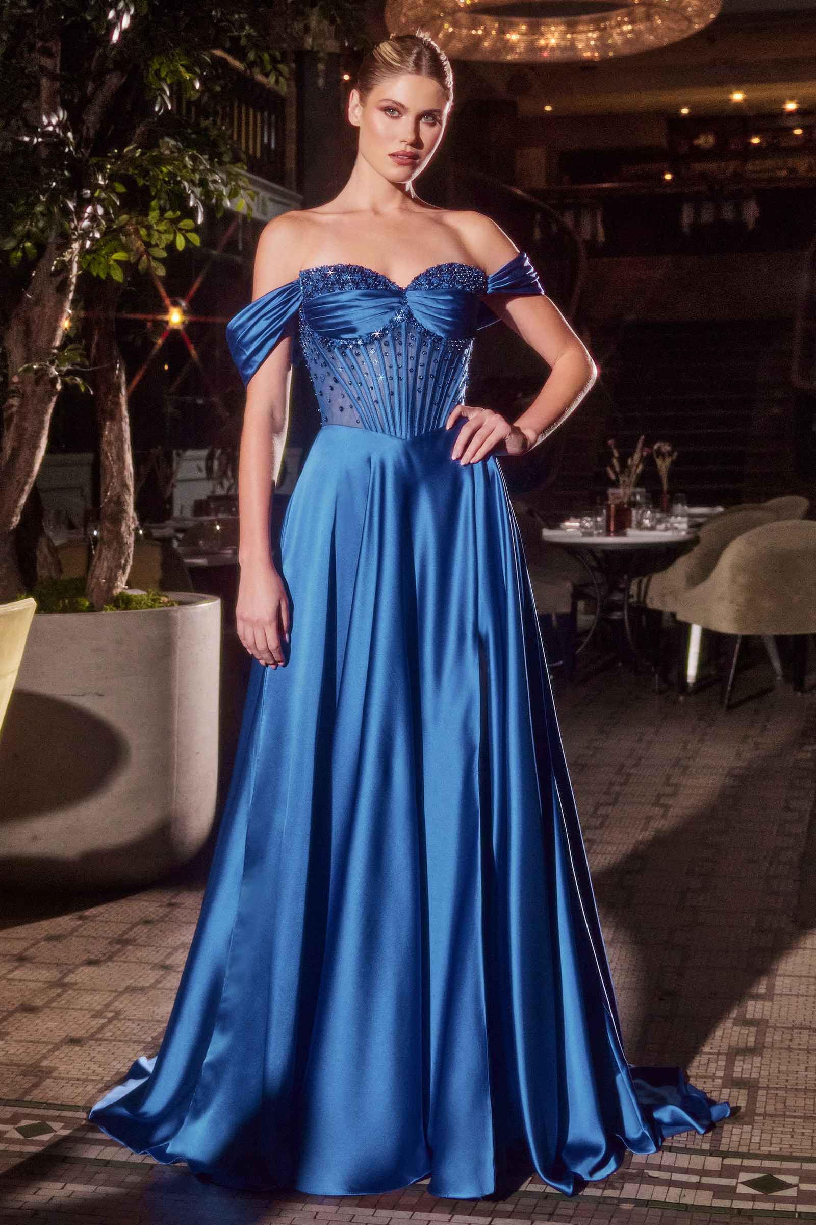 Ladivine CD297 Dress Strapless Beaded Satin A-Line Prom Gown by DiscountDressShop