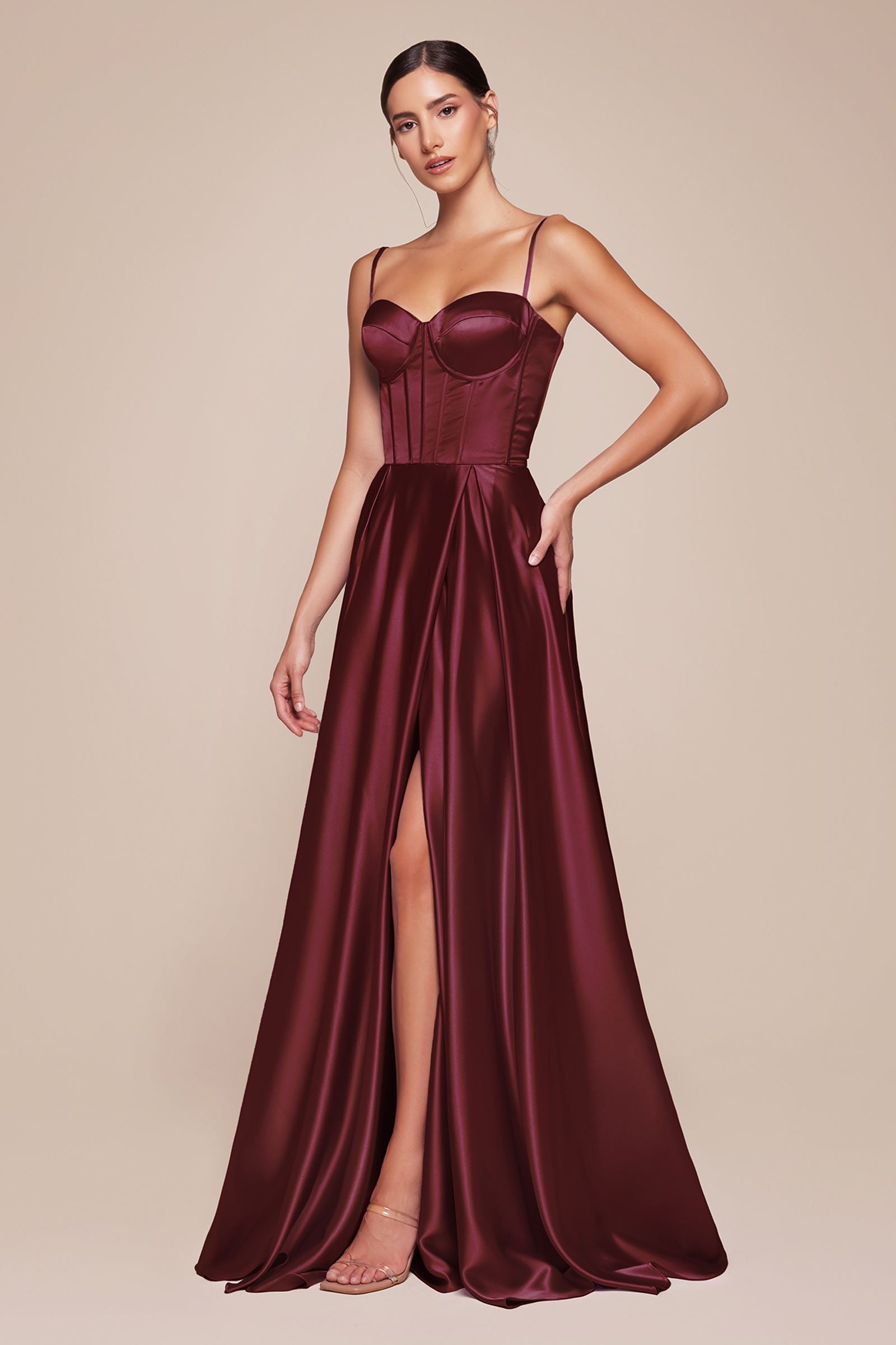 Ladivine CD337 Long A-Line Slit Satin Bustier Dress by DiscountDressShop