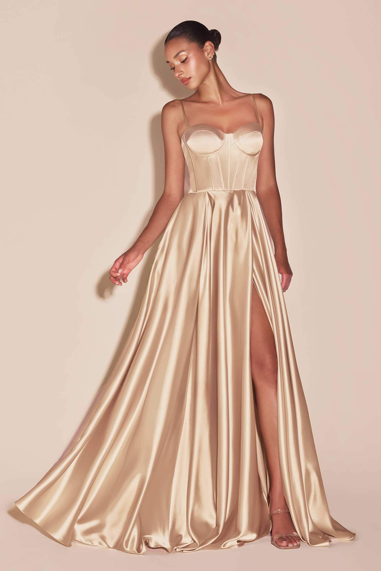 Ladivine CD337 Long A-Line Slit Satin Bustier Dress by DiscountDressShop