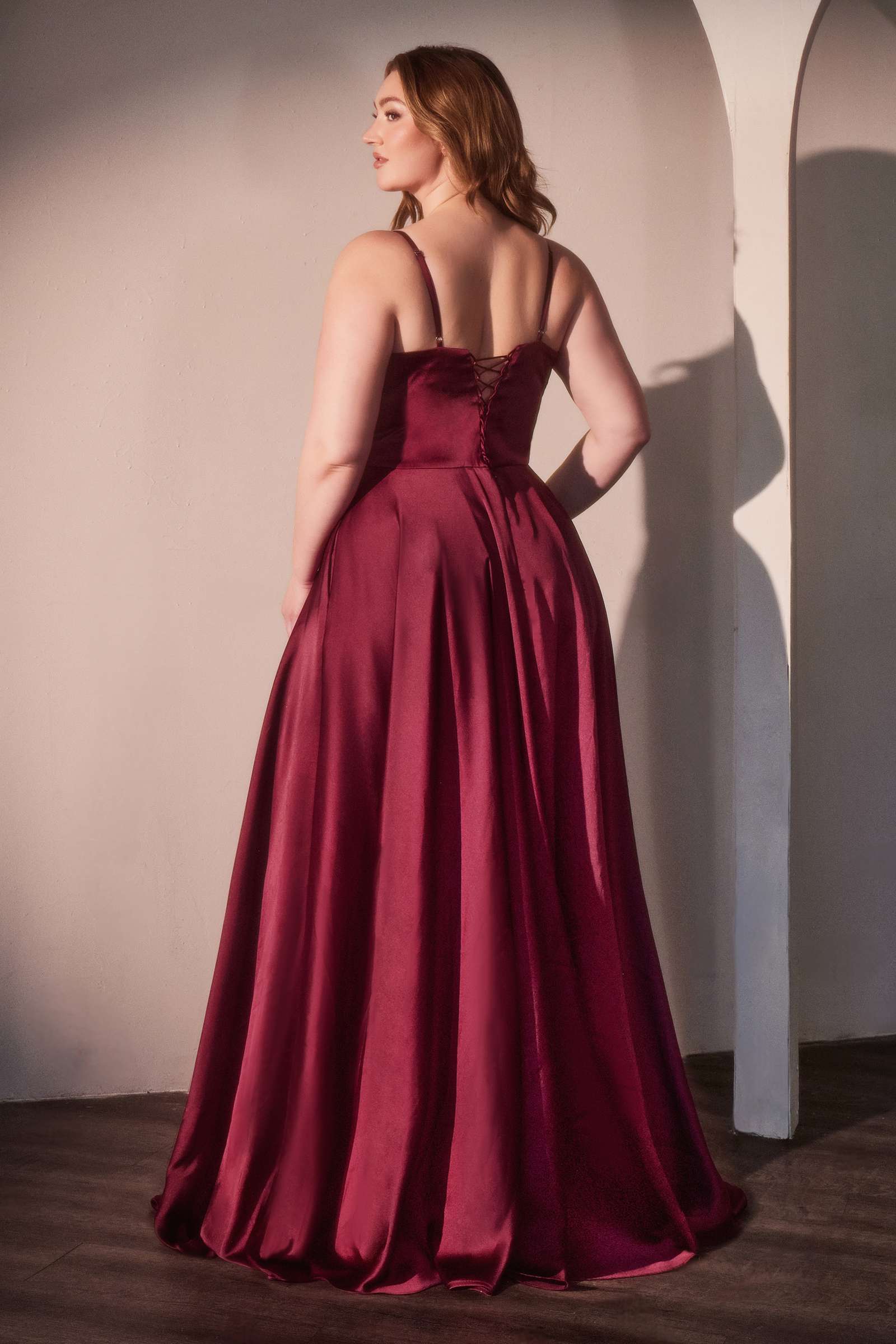 Ladivine CD337C Long A-Line Slit Satin Bustier Prom Dress by DiscountDressShop