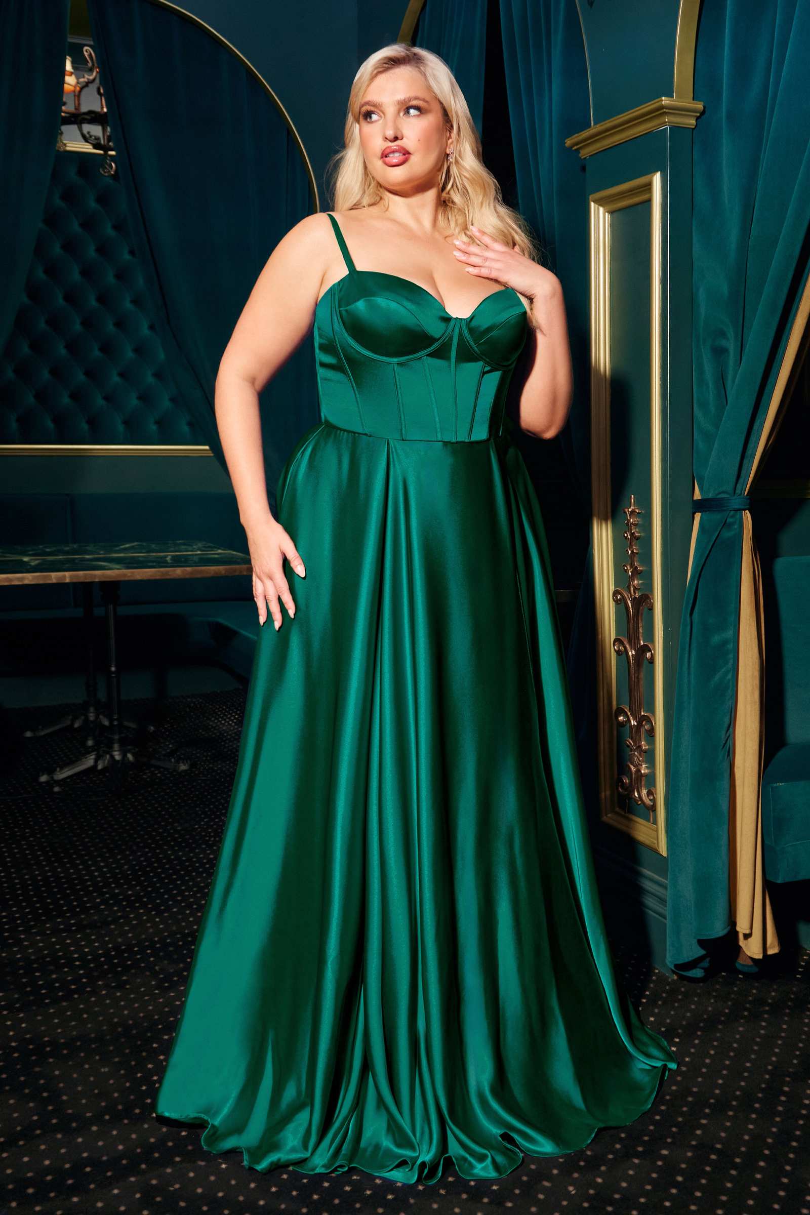 Ladivine CD337C Long A-Line Slit Satin Bustier Prom Dress by DiscountDressShop