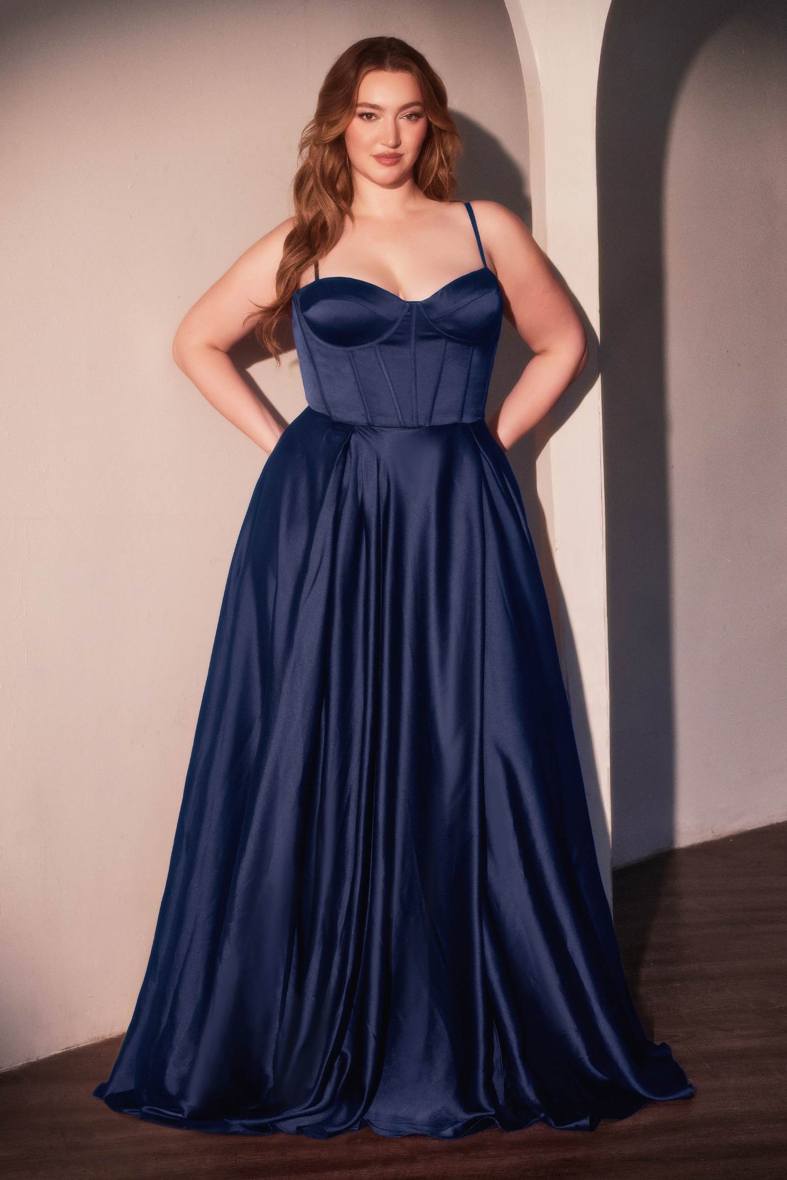Ladivine CD337C Long A-Line Slit Satin Bustier Prom Dress by DiscountDressShop