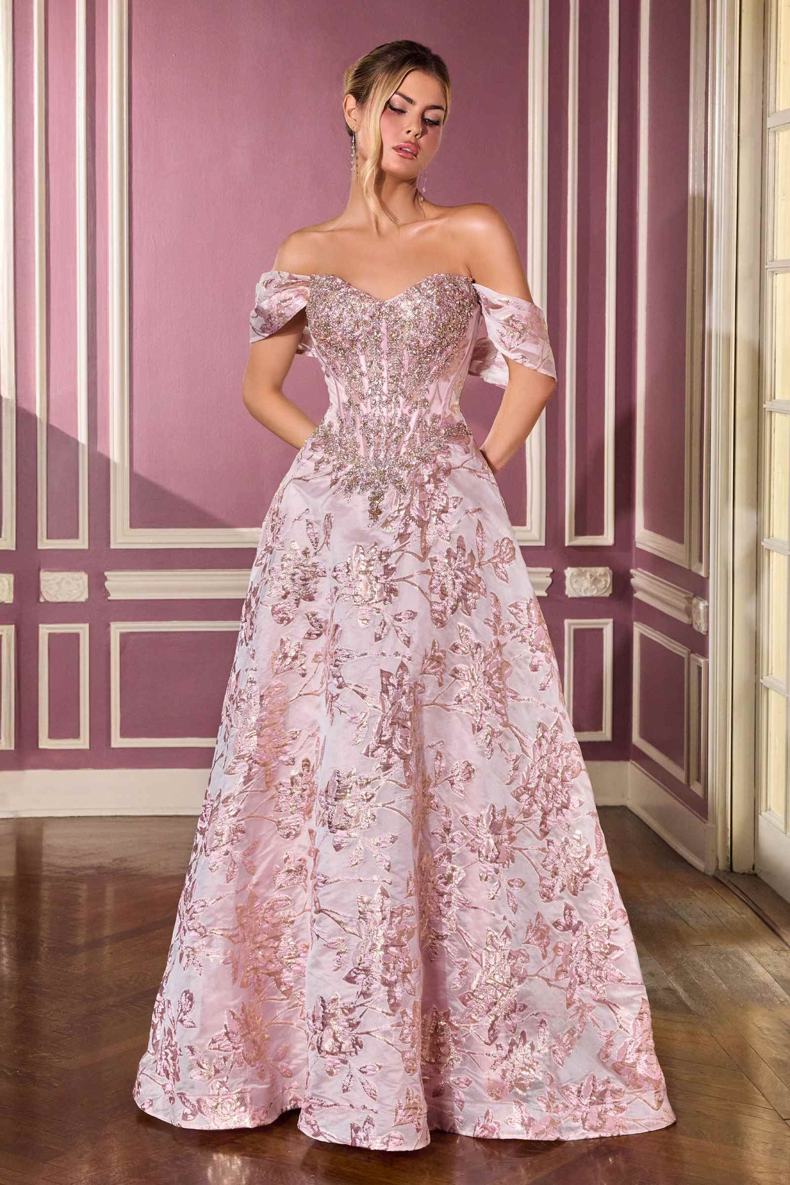 Ladivine CD682 Off the Shoulder Beaded Bodice Ball Gown by DiscountDressShop